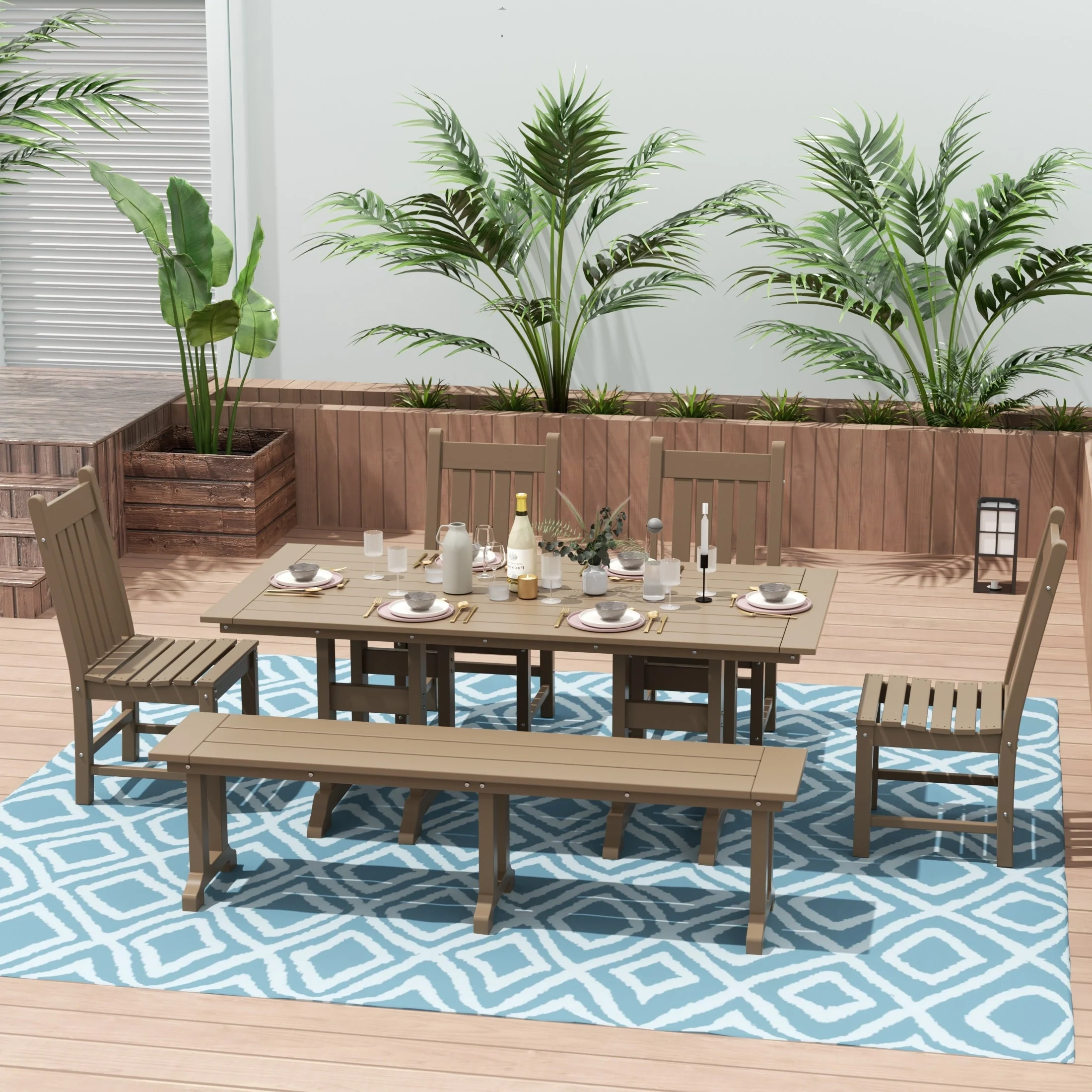 Polytrends Laguna Hdpe All Weather Outdoor Patio Dining Set with Rectangle Table, Side Chairs, and Bench (6-Piece Set)