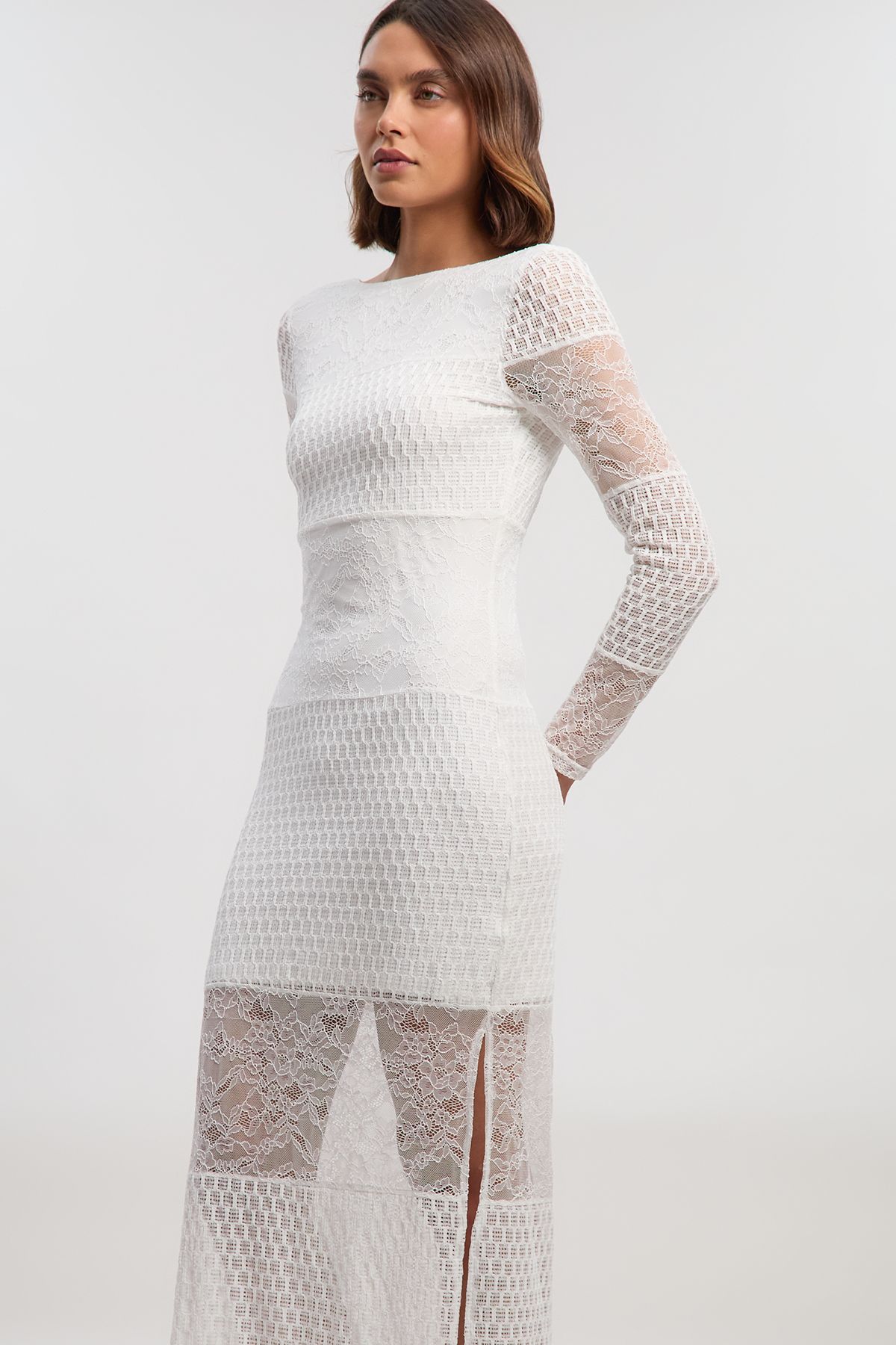 KarenMillen Lace Textured Low Back Long Sleeve Midi Dress