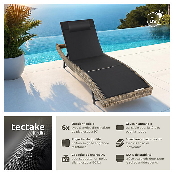 Chaise longue en rotin anti-UV Coussin de tête amovible marron naturel