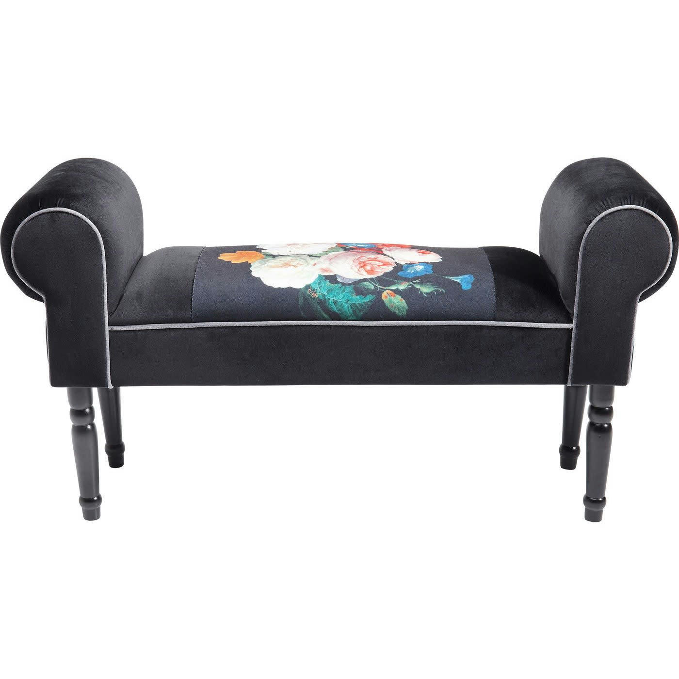 WING - Banc 1 place velours noir imprimés fleurs et hêtre massif