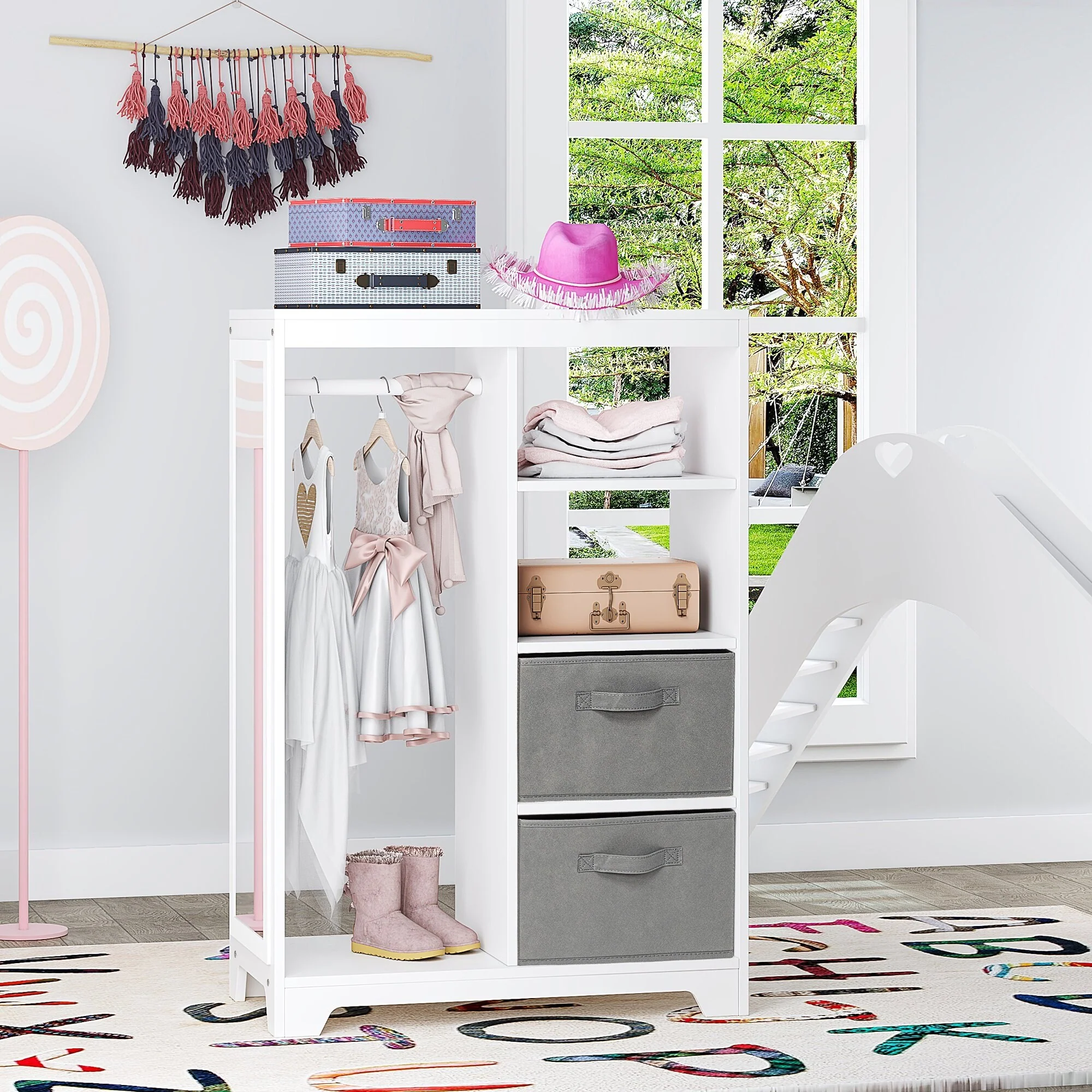 UTEX Kids Dress up Storage with Mirror and Storage Bin,Play Armoire Dresser with Mirror, Pretend Storage Closet