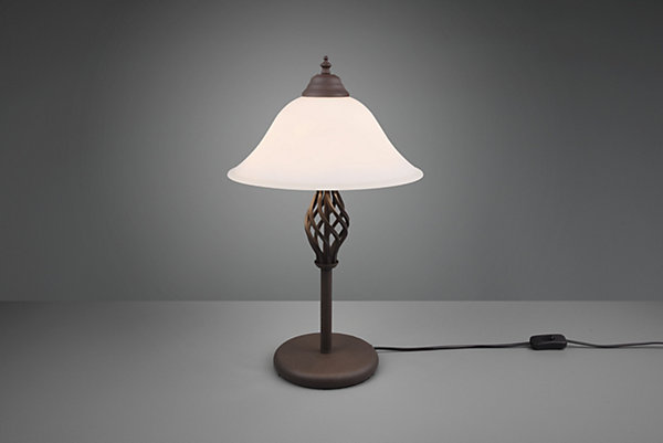 Lampe de table 2xE14 max 40W, Métal rouille &Verre blanc, Interrupteur à cordon - Trio - Rustica