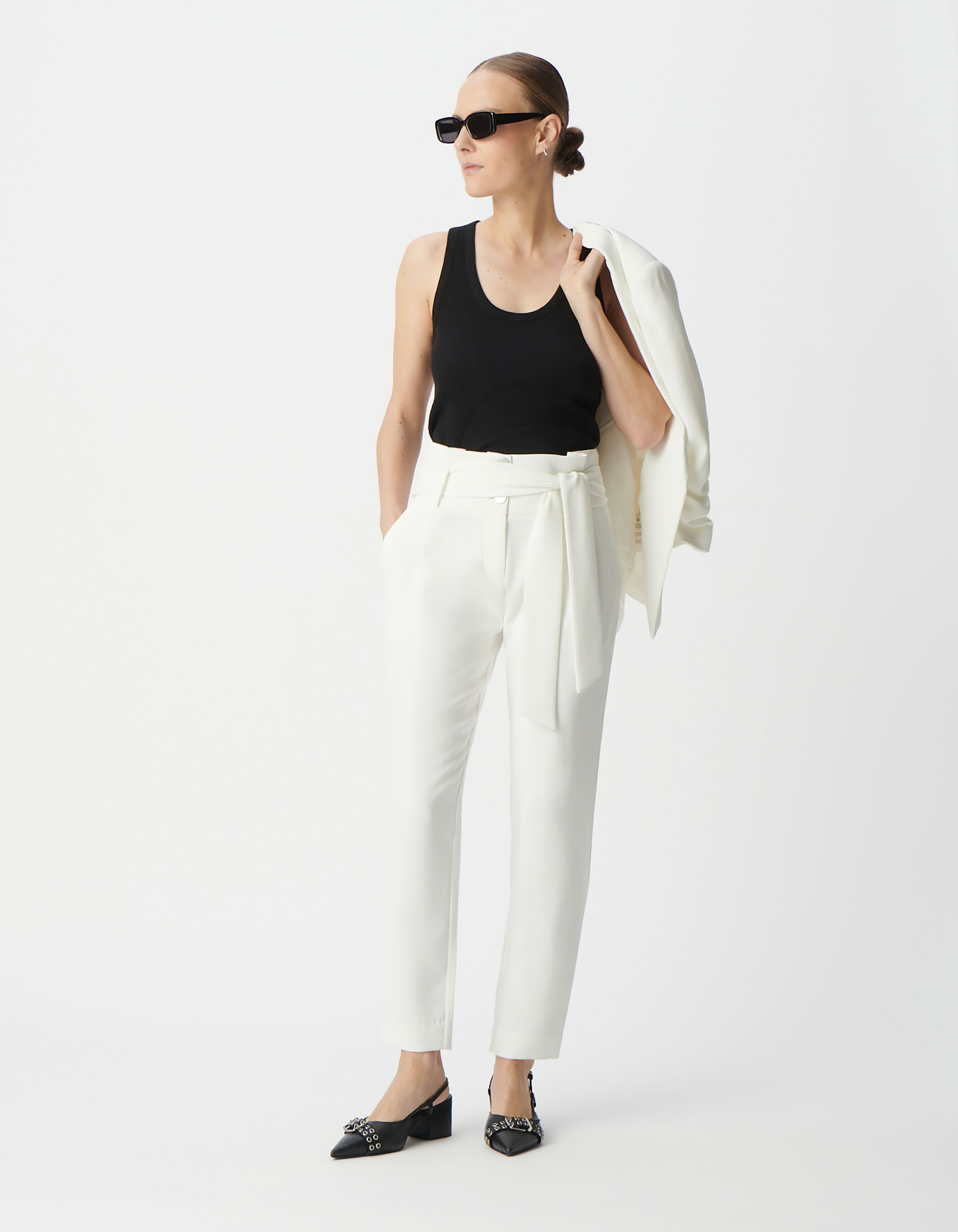 Pantalon droit blanc taille haute ceinturée Femme