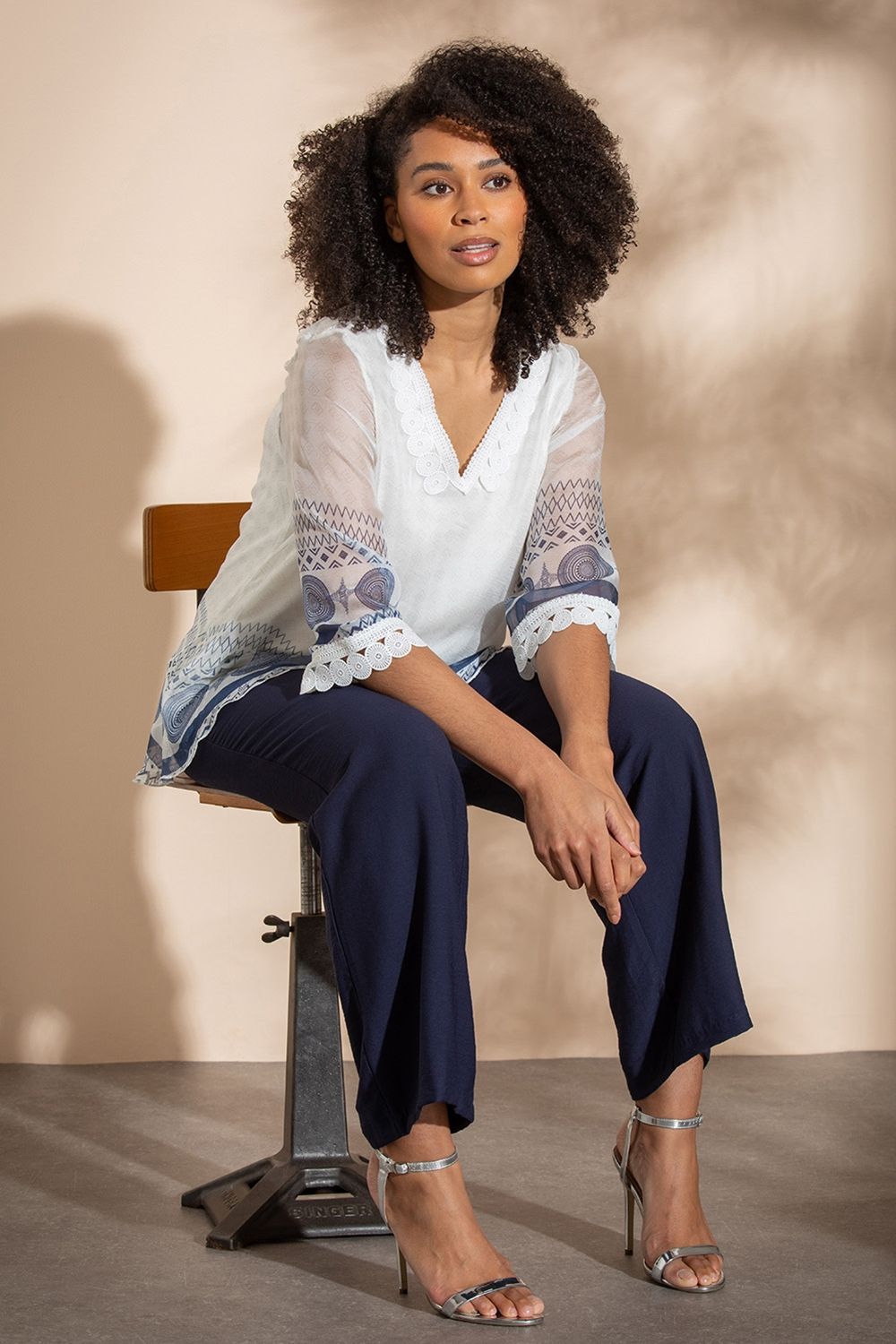 Klass. Crochet Trim Printed Chiffon Top