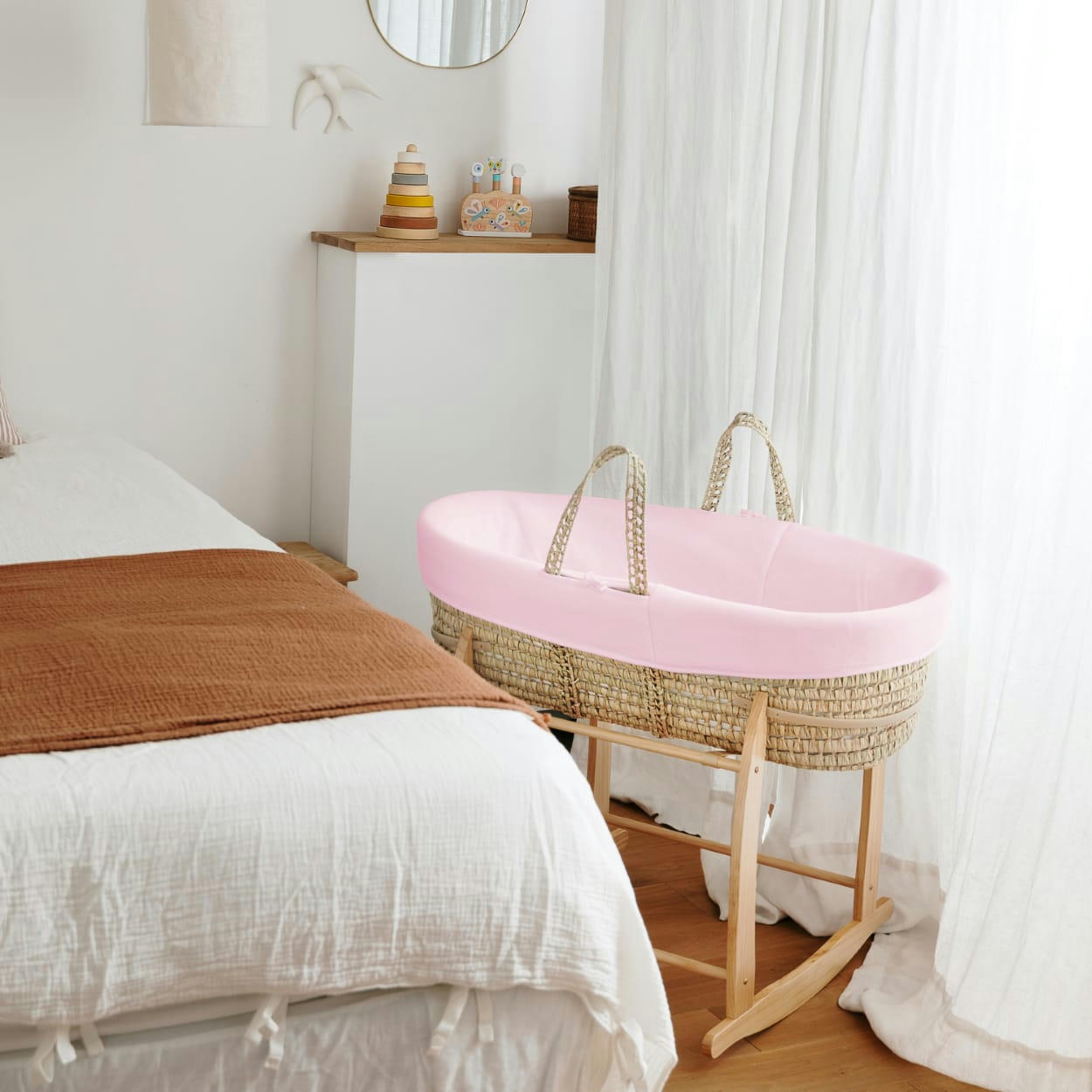 - Couffin avec Support Bois - Habillage Pivoine en Coton Bio