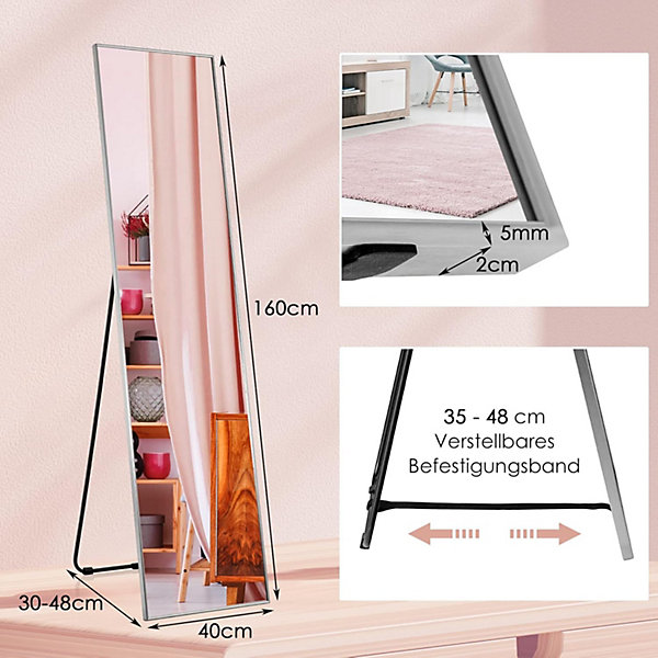 Miroir Pleine Longueur Haute Définition avec Membrane de Protection Miroir Mural Debout avec Cadre en Aluminium Argent