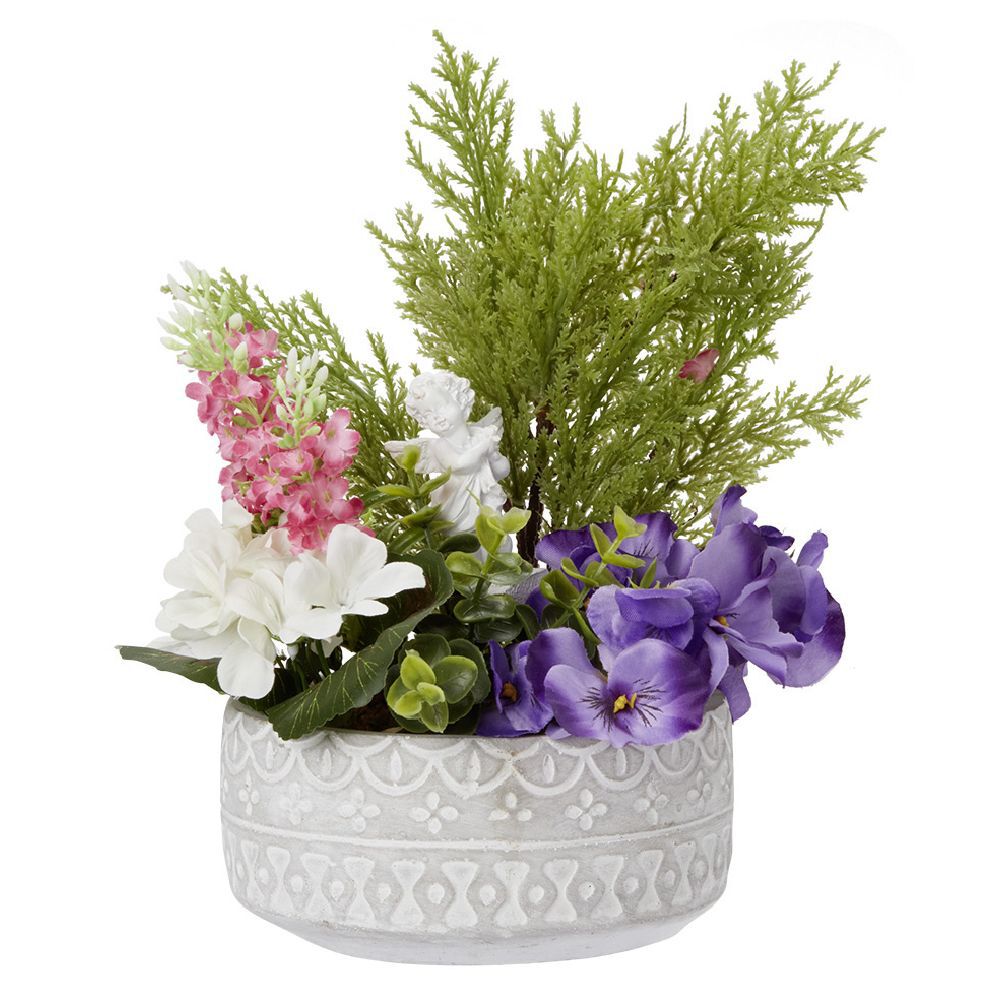 Pot ciment plante et fleur artificielle violet Ø18xH25cm