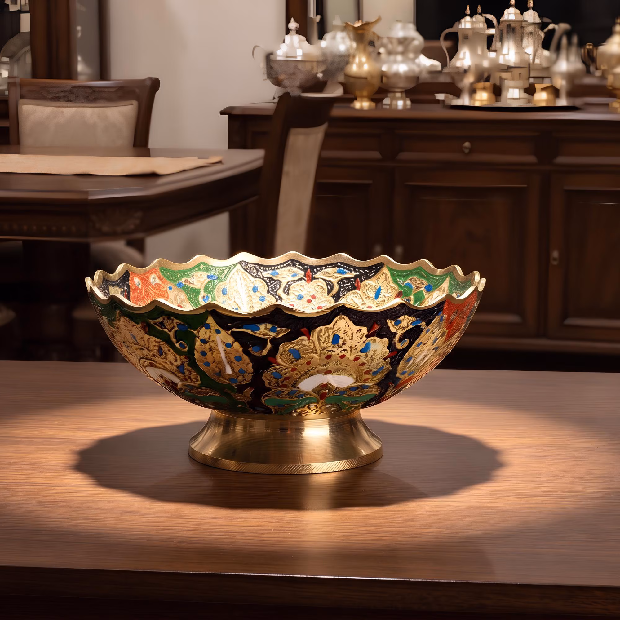 Handcrafted Brass Decorative Bowl, 7inches Multicolor Enamel Fruit Bowl, Engraved Metal Centerpiece, Vintage Table Decor, Luxury Home Gift