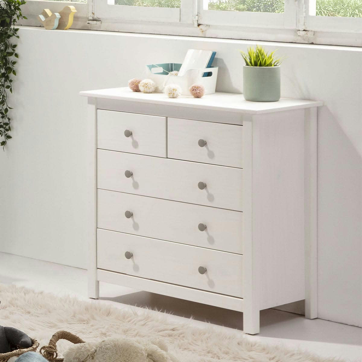 ELTON - Commode 5 tiroirs en pin massif blanc 79 cm