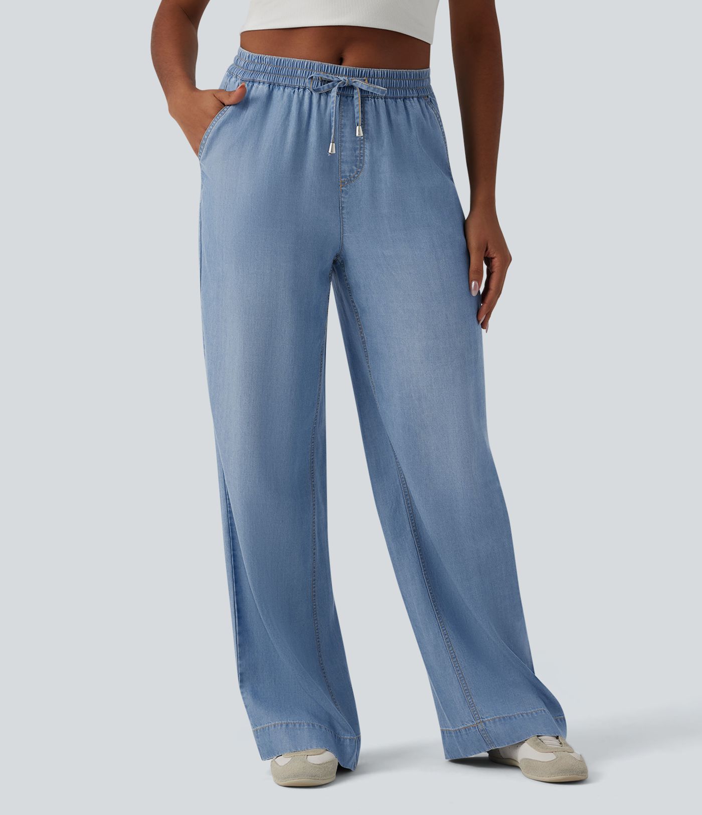 Jean large décontracté drapé taille mi-haute en lyocell avec cordon de serrage et poches
