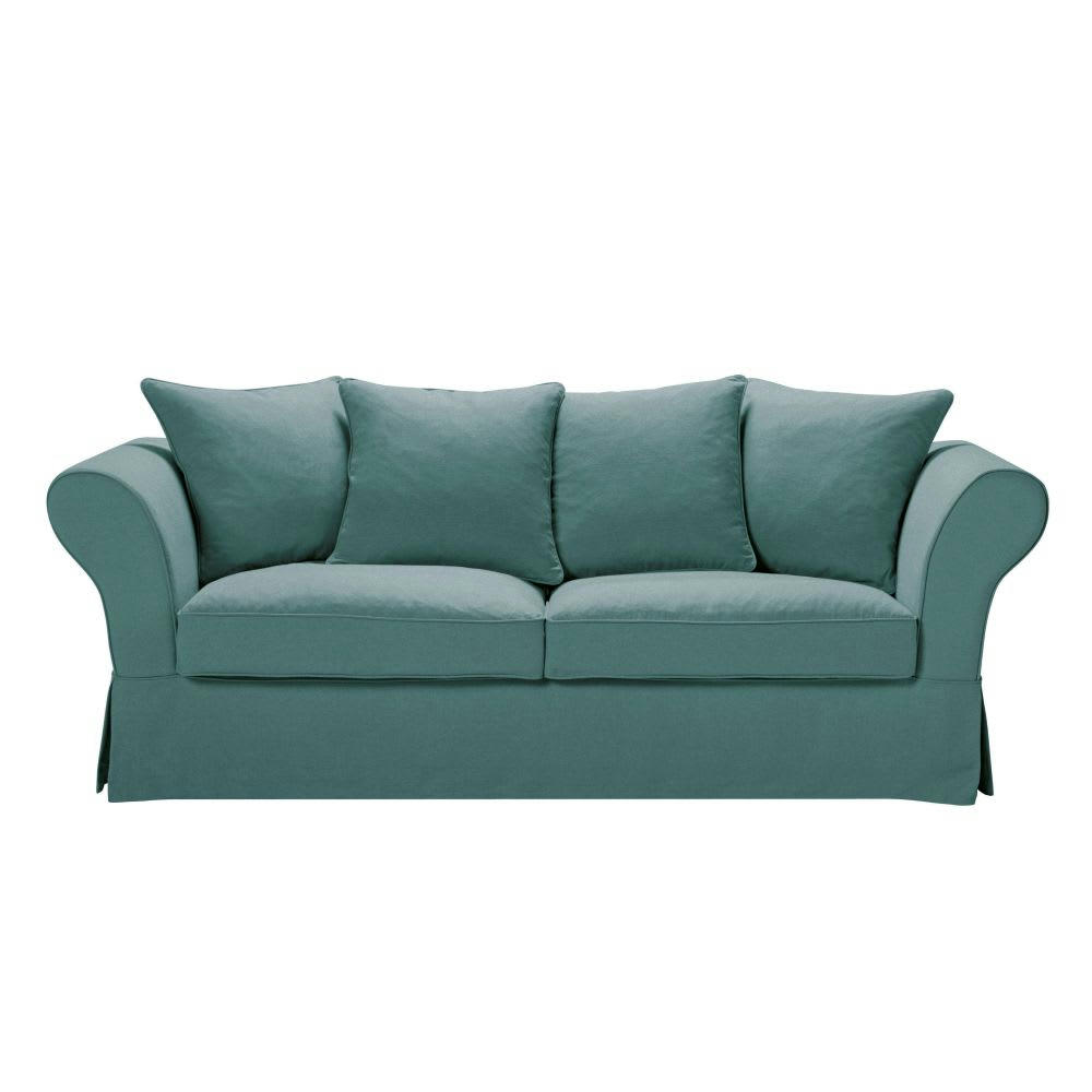 Roma - Housse de canapé fixe et convertible 3/4 places (6 cm) en lin froissé bleu céladon
