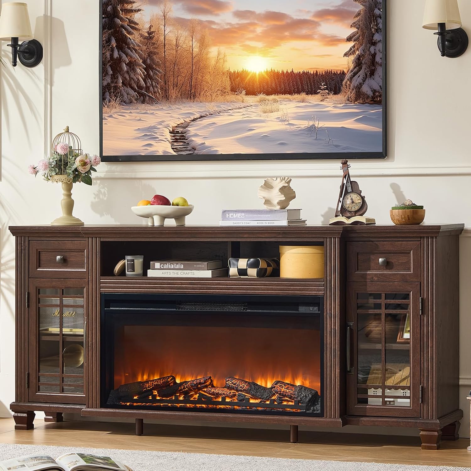 70 Fireplace TV Stand with 36”Silent Electric Fireplace, Farmhouse Entertainment Center for TVs up to 80, 2 Drawers TV Console with Glass Door Cabinet, Walnut TVs Cabinet for Living Room