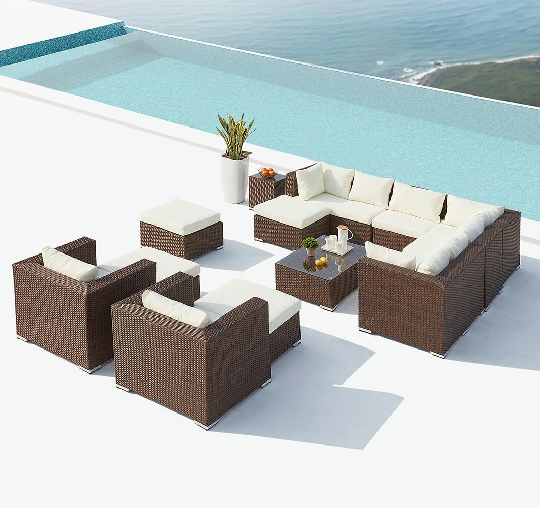 STALLA - Salon de jardin modulable 13/14 places en résine marron/blanc