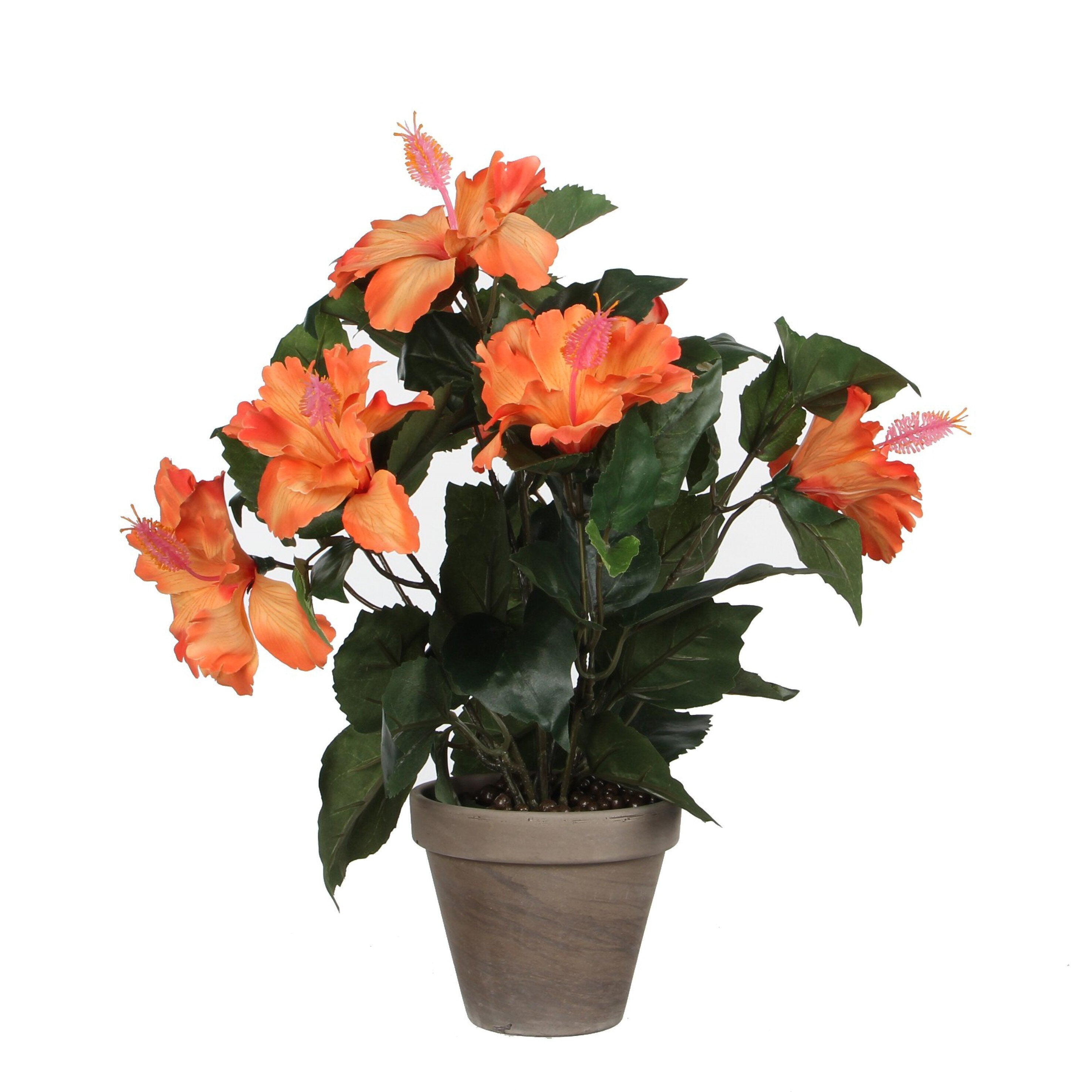 Mica Decorations Hibiscus Kunstplant in Bloempot Stan - H40 x Ø30 cm - Oranje