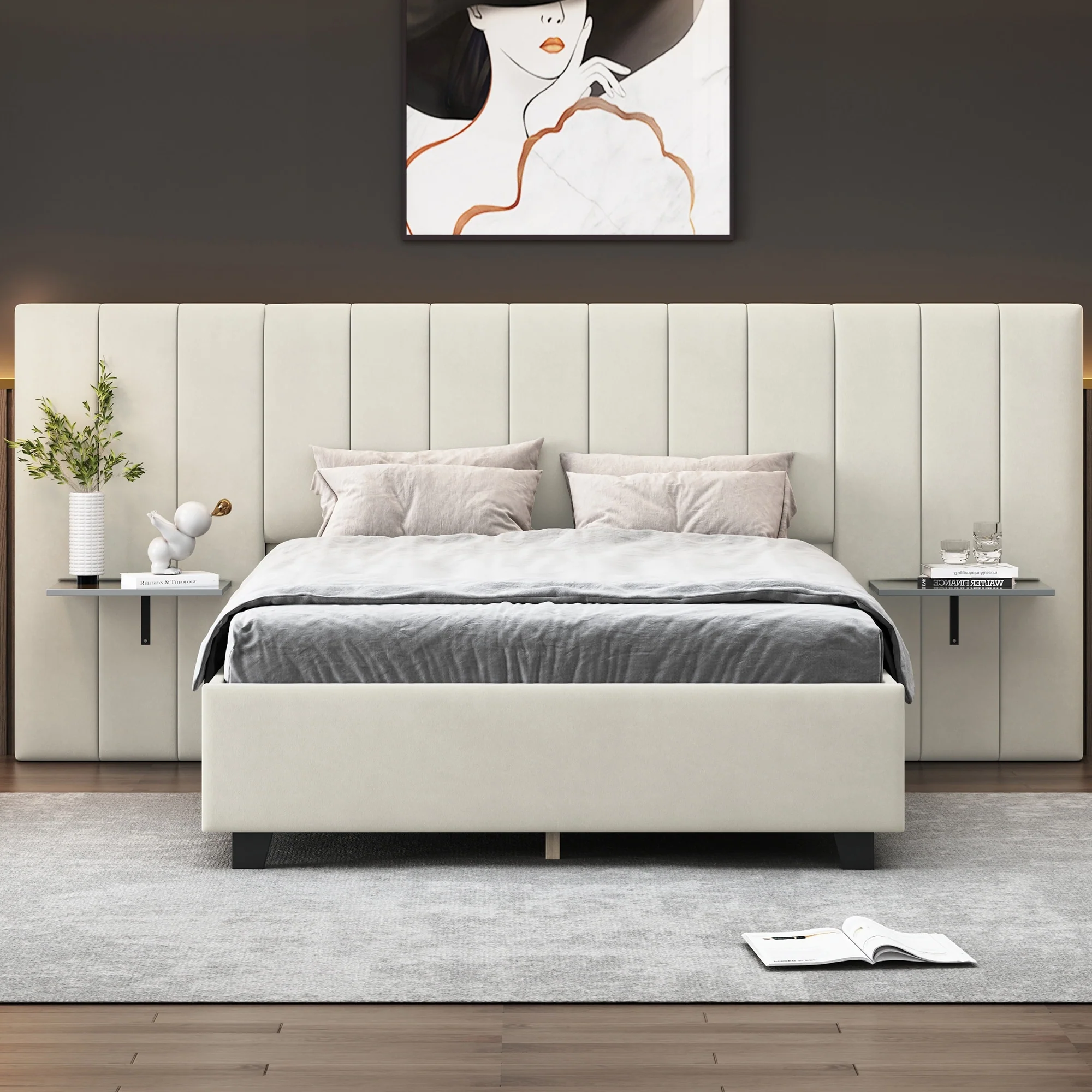 Upholstered Platform Bed with Oversized Headboard and Built-in Shelves, Full/Queen