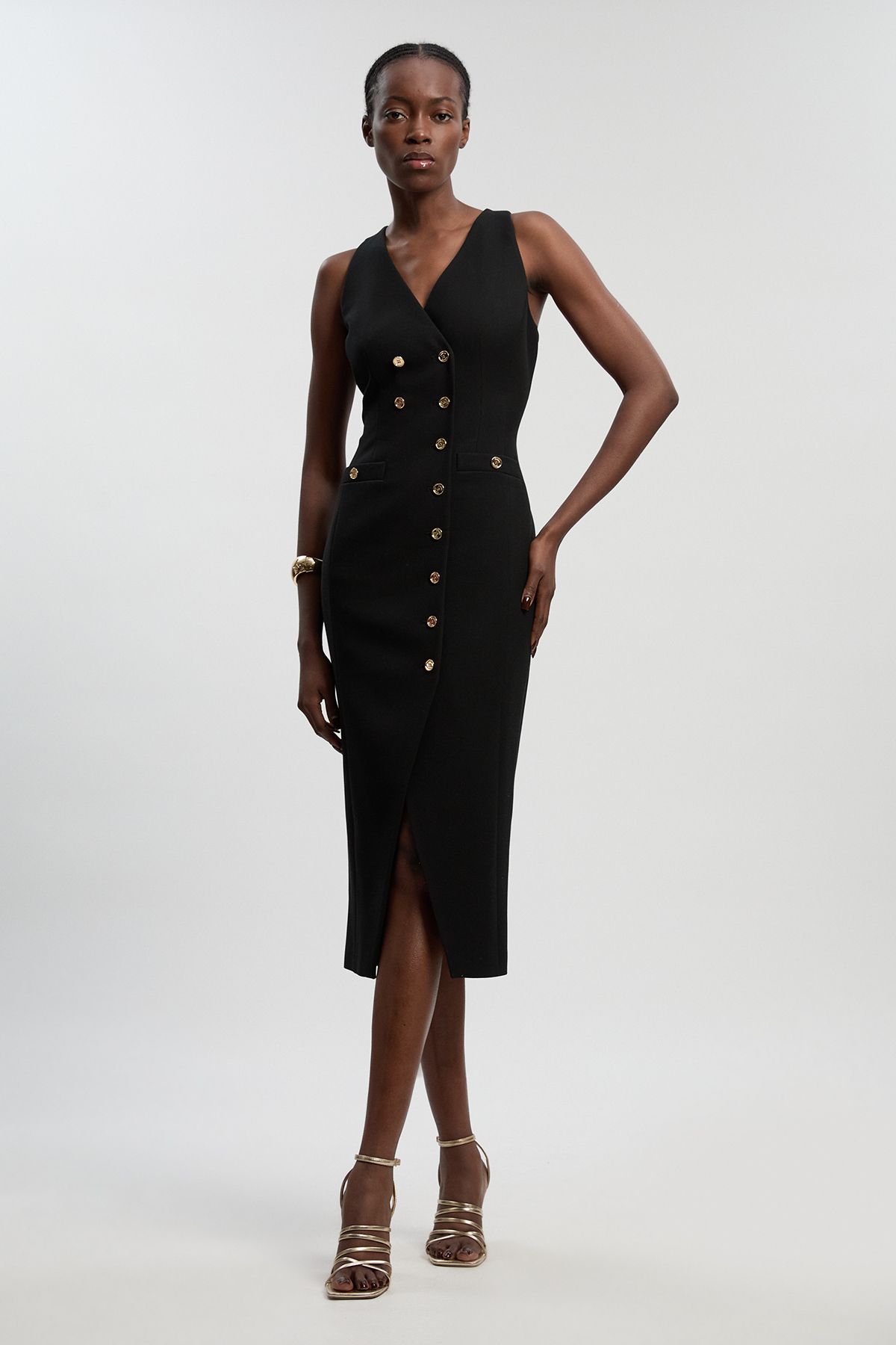 KarenMillen Textured Compact Stretch V Neck Button Detail Midi Dress