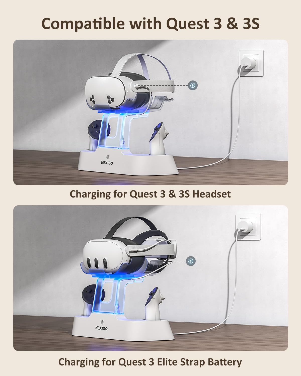 NexiGo Enhanced Charging Dock for Meta Quest 3 and 3S, with LED Light [On/Off], [Support Elite Strap with Battery], Headset Display Holder and Controller Mount, Rechargeable Batteries, White