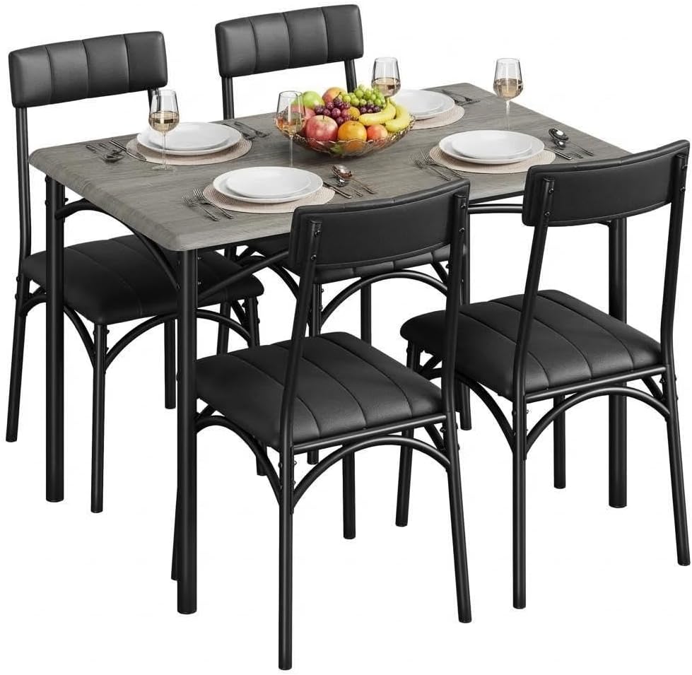 CABIHOME Dining Table Set for 4, Kitchen Table Set for 4, Dining Room Table Set with Upholstered Chairs, Rectangle Kitchen Table Set for Small Space, Apartment, Studio, Gray
