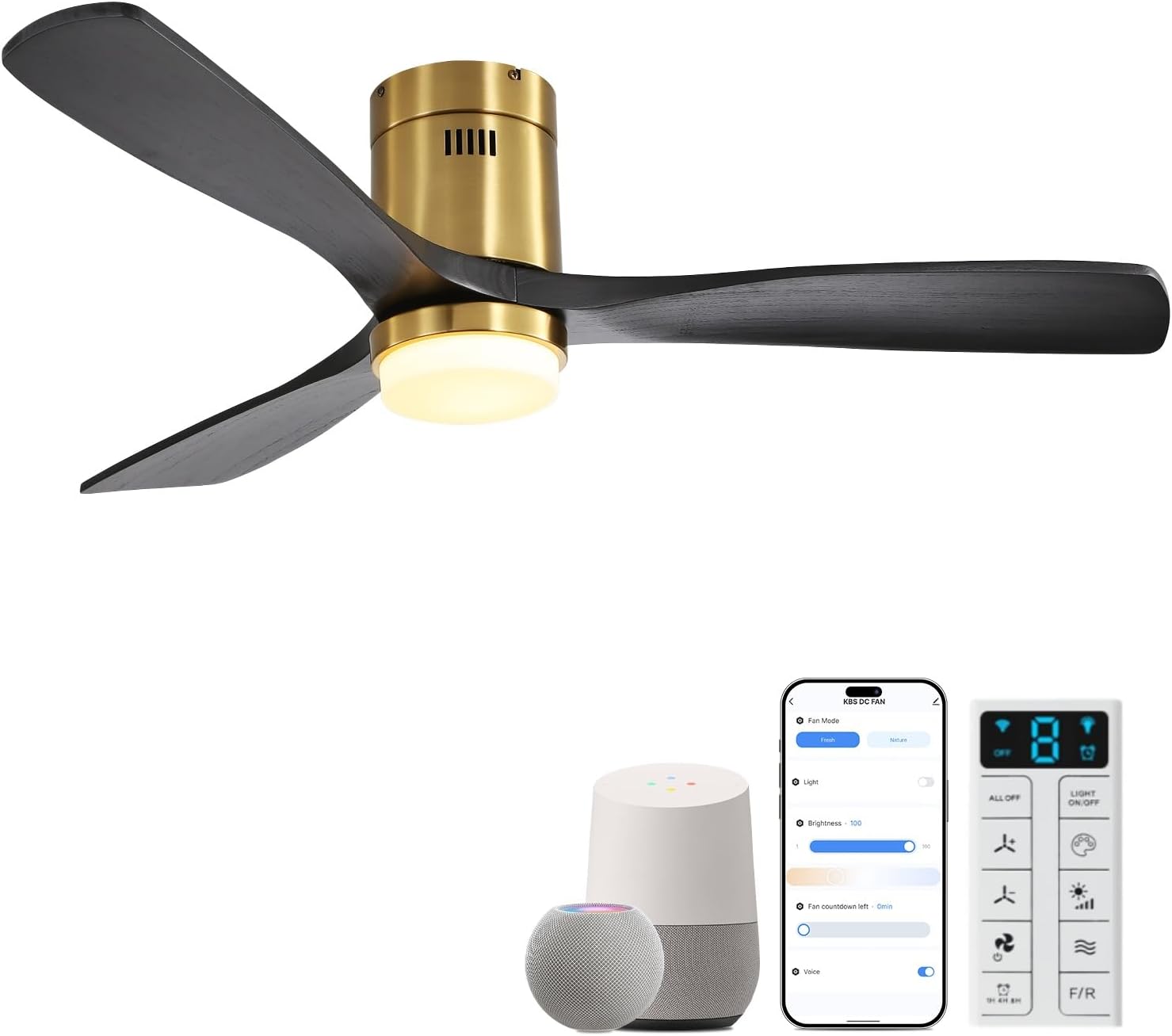 Sofucor 52 Inch Smart Ceiling Fans with Lights-Flush Mount Low Profile Modern Outdoor Solid Wood Ceiling Fans with Alexa/Google Assistant/APP/Remote Control for Bedroom/Farmhouse/Patio, Black Gold