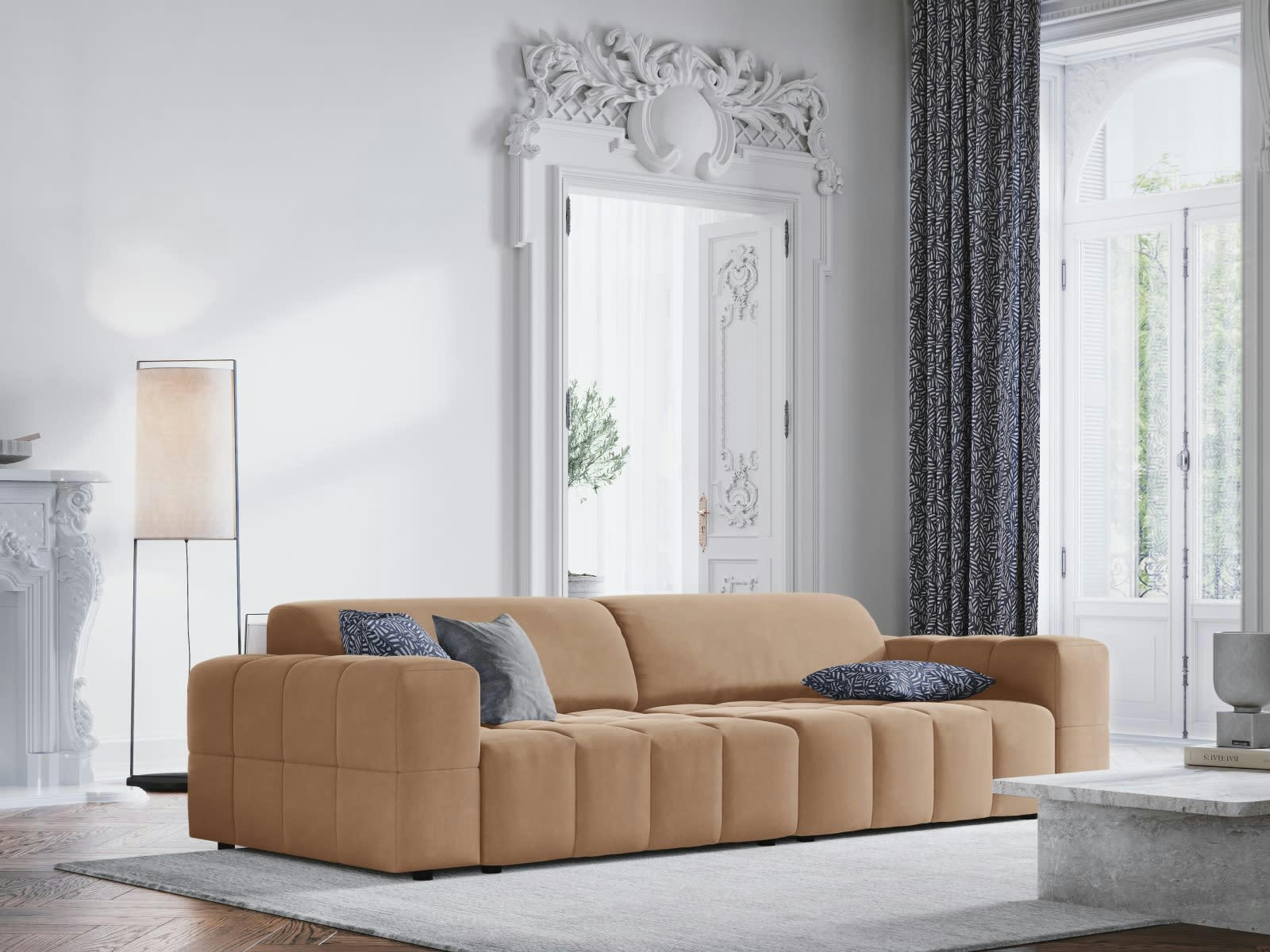 LUC - Canapé 4 places en tissu velours beige foncé