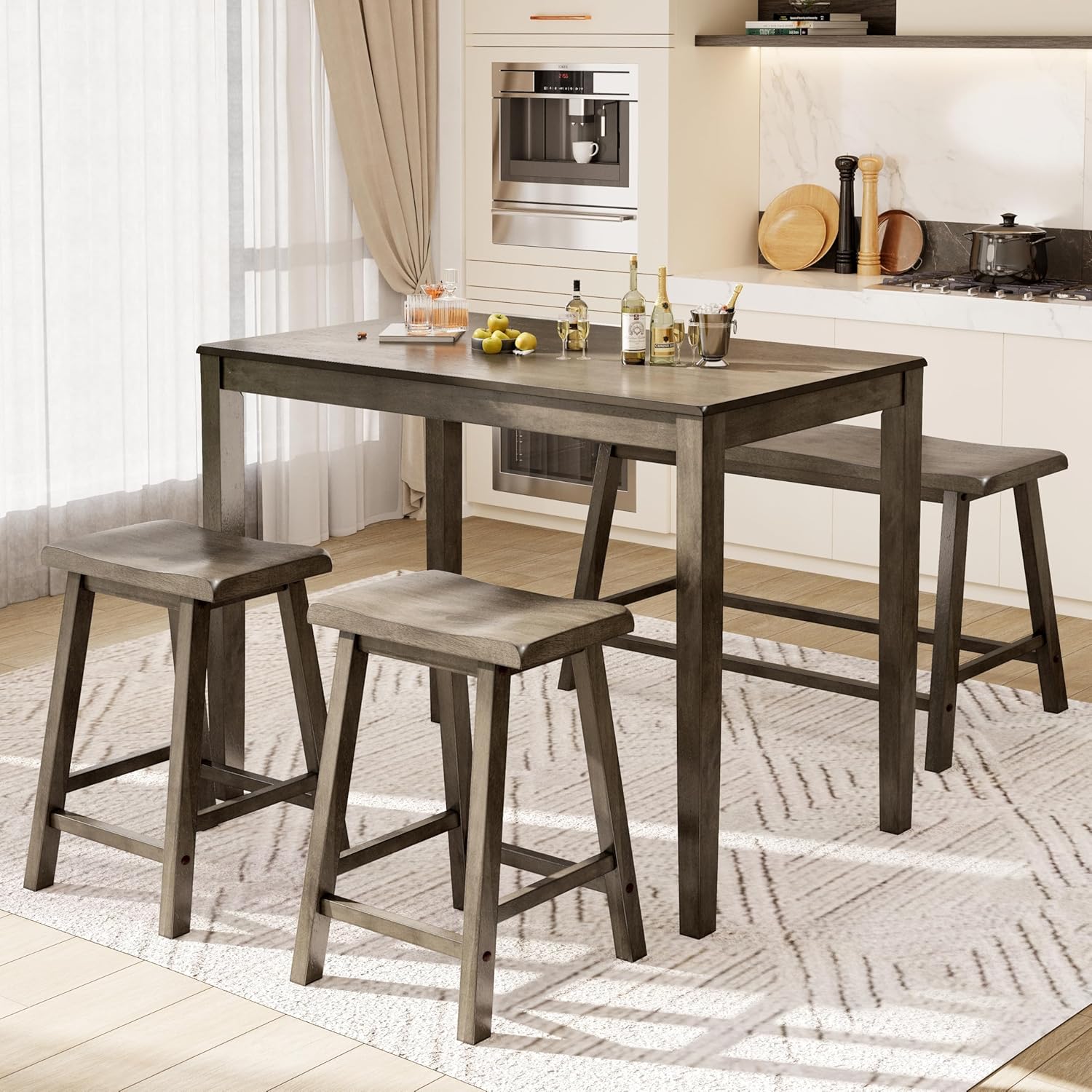 PHI VILLA Farmhouse Dining Table Set for 4 Small Space, Counter Height Table and Chairs with Bench, Rustic Solid Wood High Top Kitchen Table Set for Dining Room and Kitchen, Smoky Brown