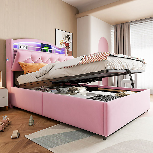 Lit rembourré 90 par 200 en velours rose avec LED et ports USB lit simple multifonction avec grand espace de rangement