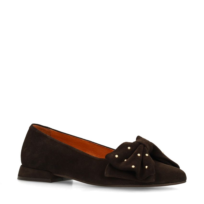 Manfield Bruine suède ballerina's met strik