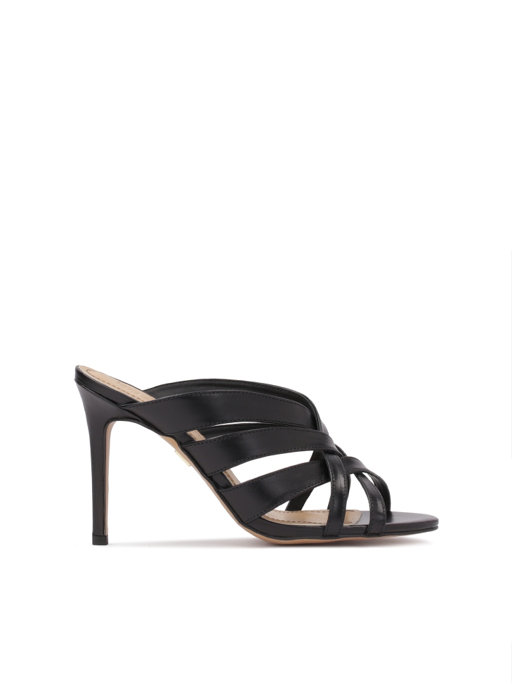 Black leather heeled mules