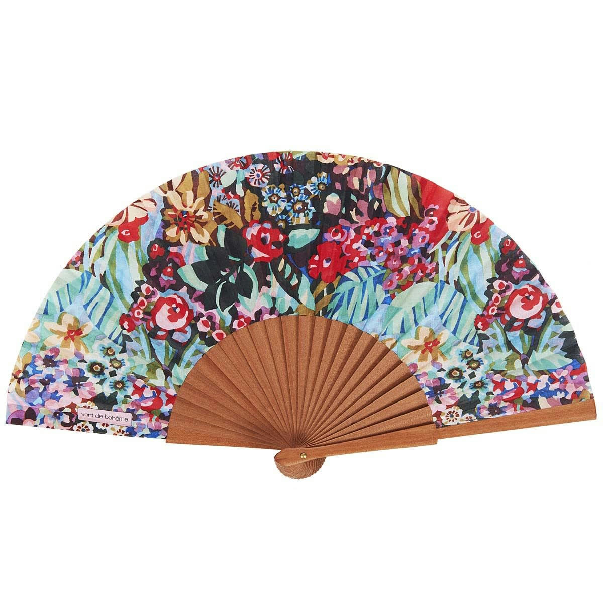 TANA - Éventail en bois de merisier et coton imprimé design fleuri
