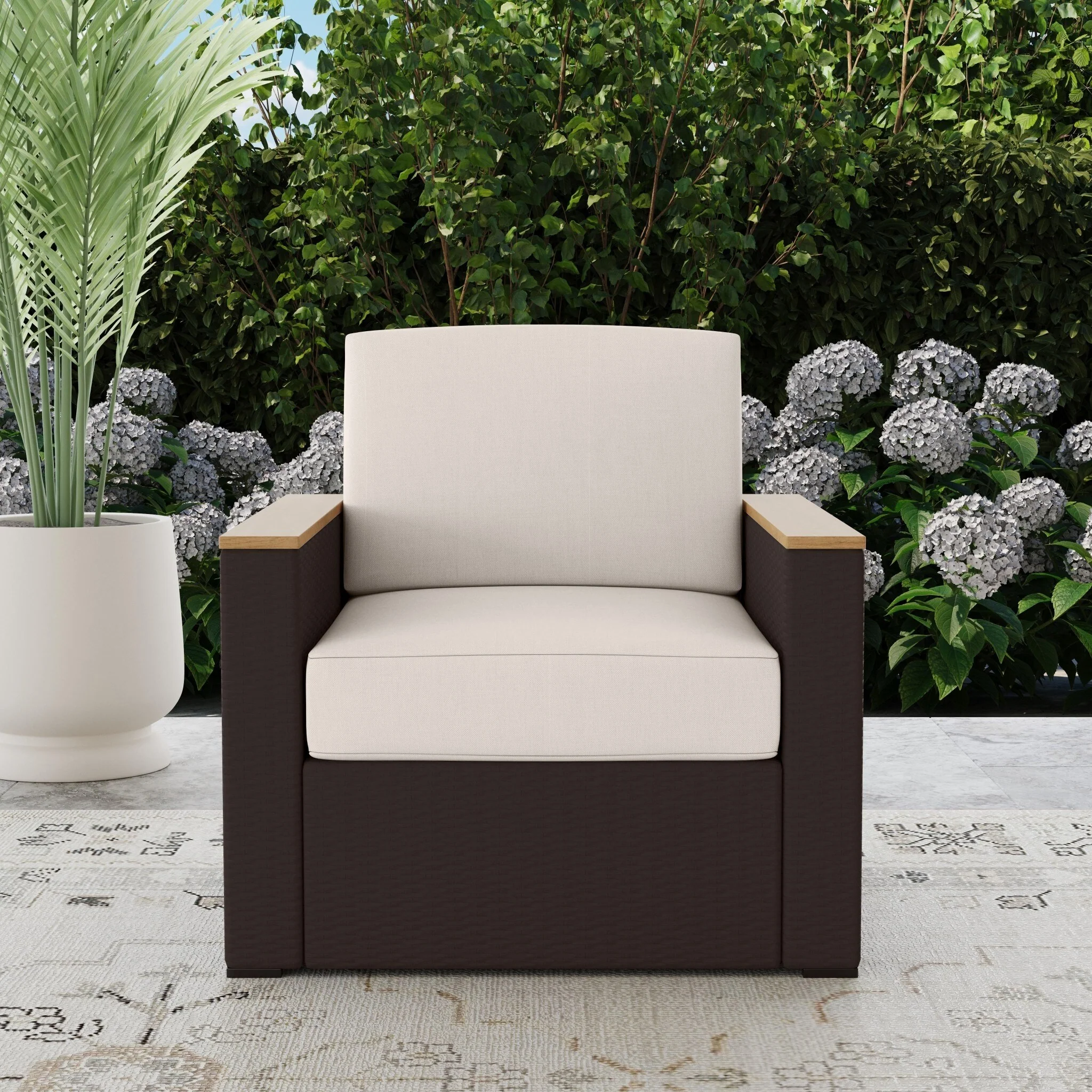 Palm Springs Brown Rattan Outdoor Arm Chair With Cushions By Homestyles - 33 x 33 x 32
