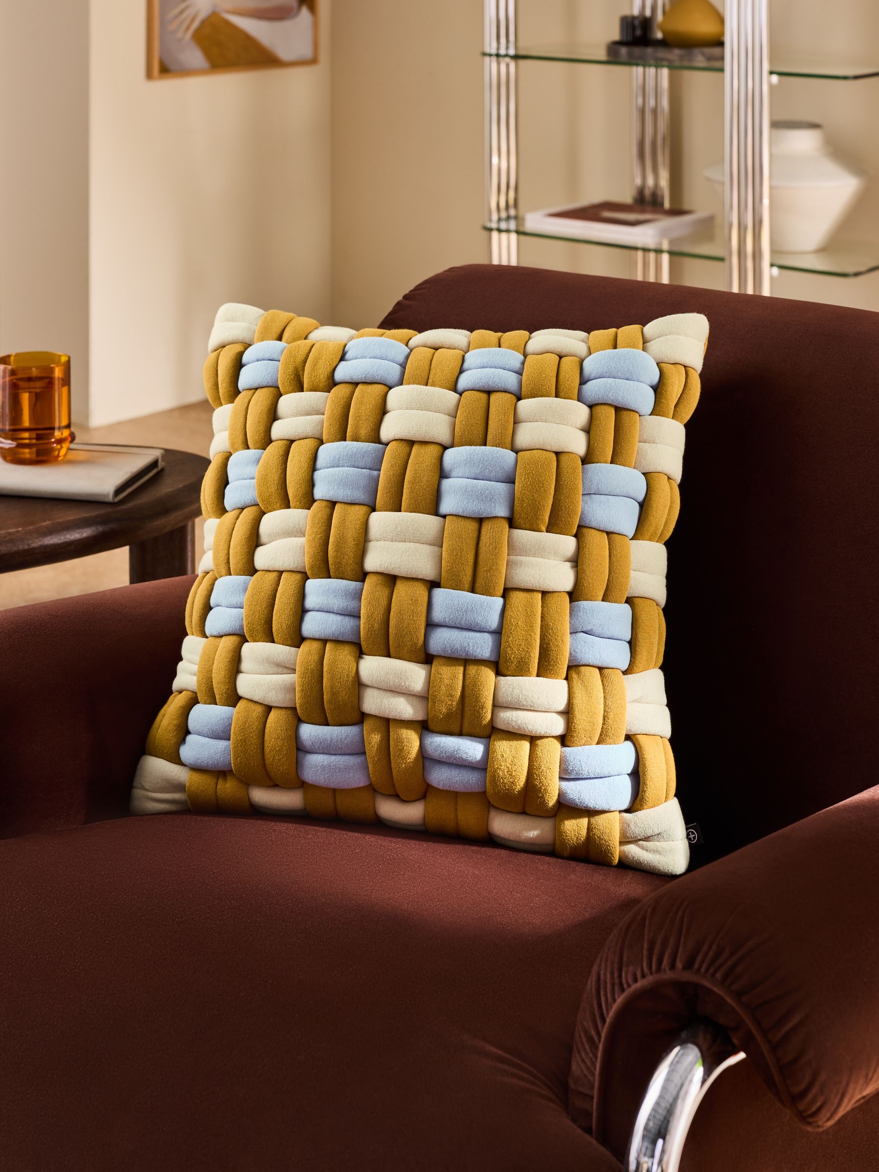 Morven Lattice Jersey Cushion in Ochre