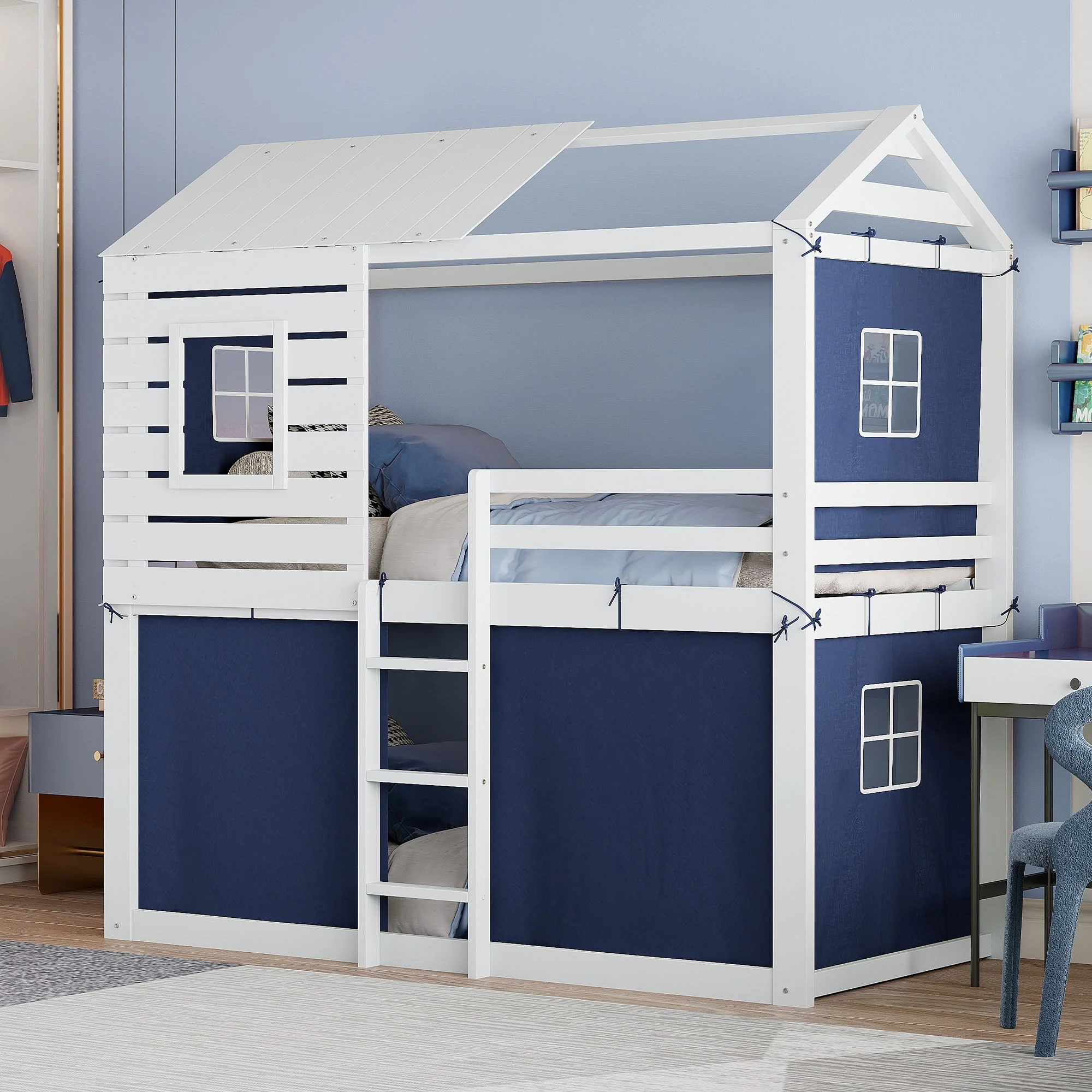Solid Wood House Bunk Bed with Tent, Ladder, and Fence