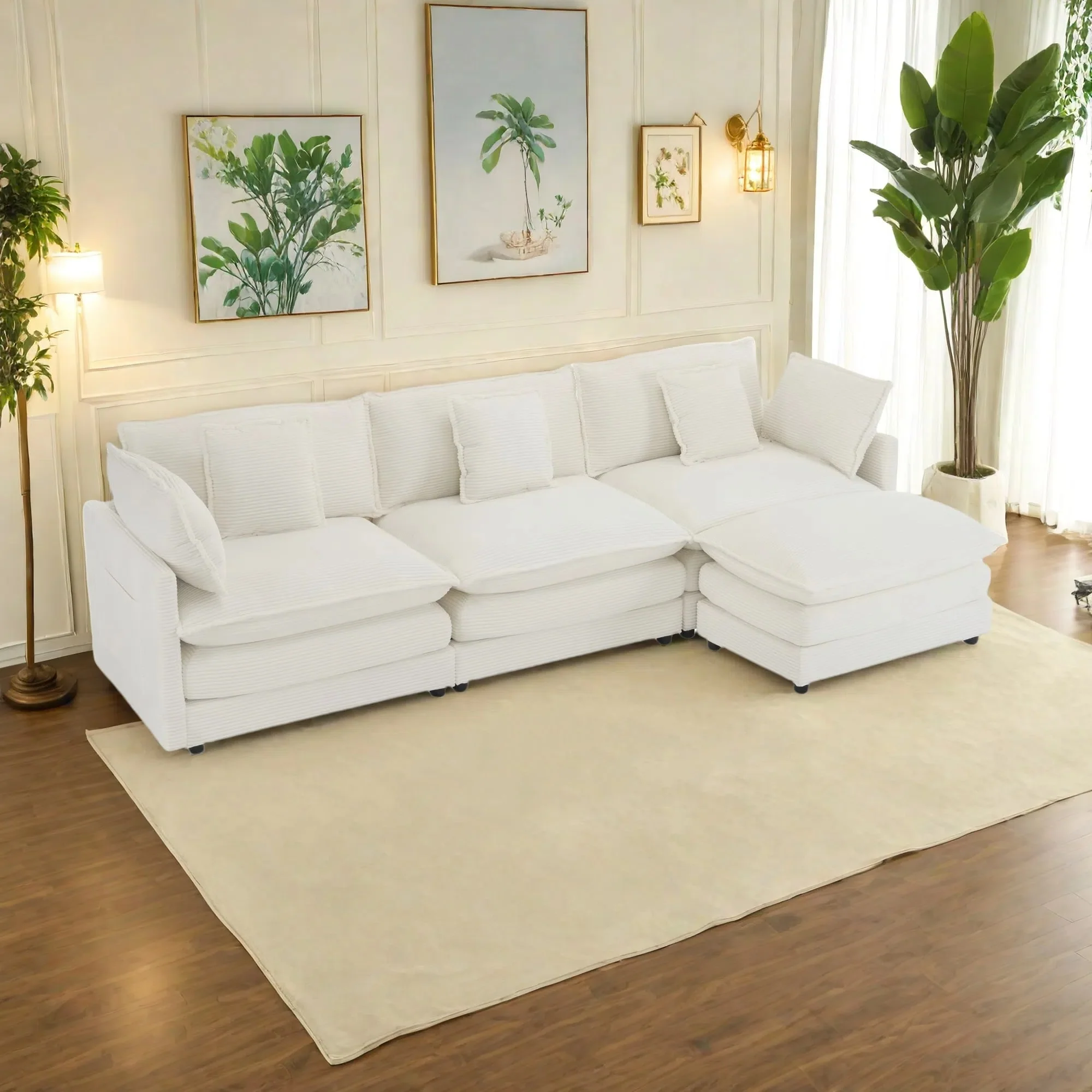 4-Piece 112.6 Corduroy Upholstered L-Shaped Modular Sectional Sofa with Side Storage Pockets