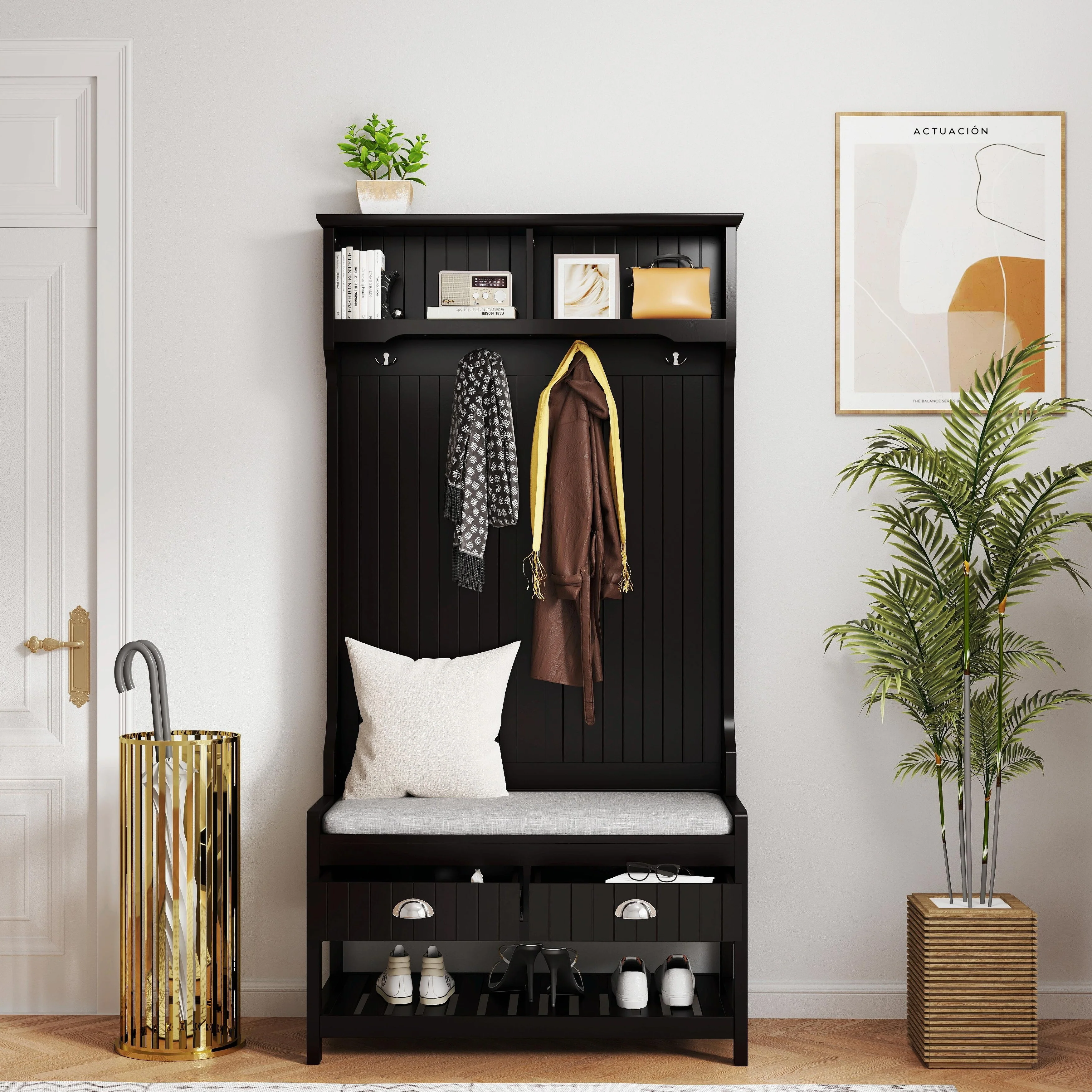 3-in-1 Hall Tree with Storage Drawers, 4 Hooks & Cushion