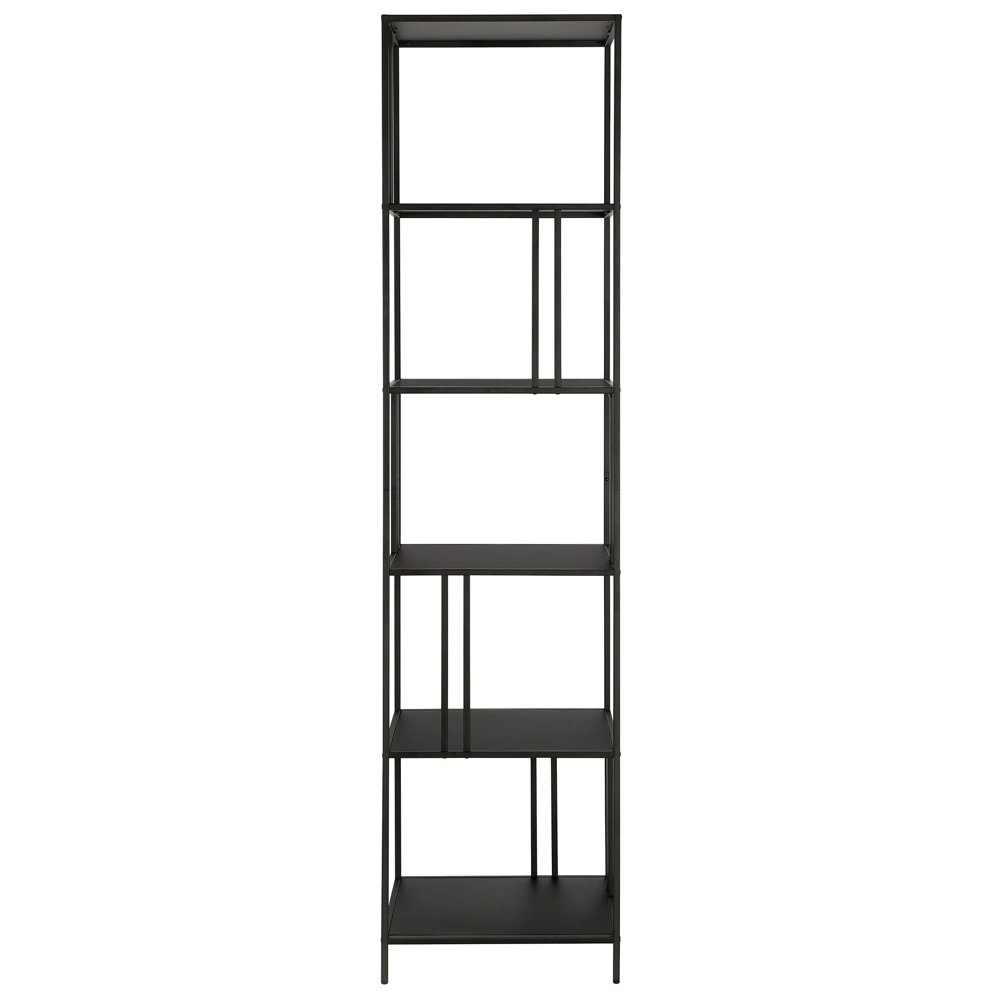 76 Space-Saving 5-Tier Black Metal Bookcase Vertical Etagere Shelf Unit for Modern Interiors - 76”H x 18”W x 15”D