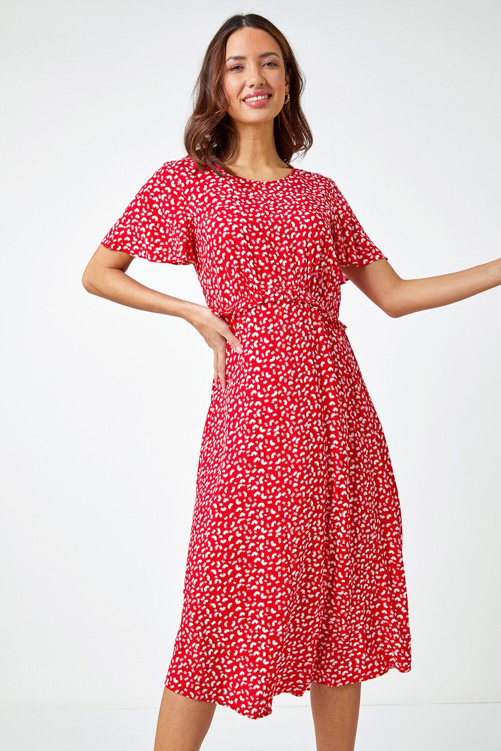Roman Ditsy Print Frill Waist Midi Dress