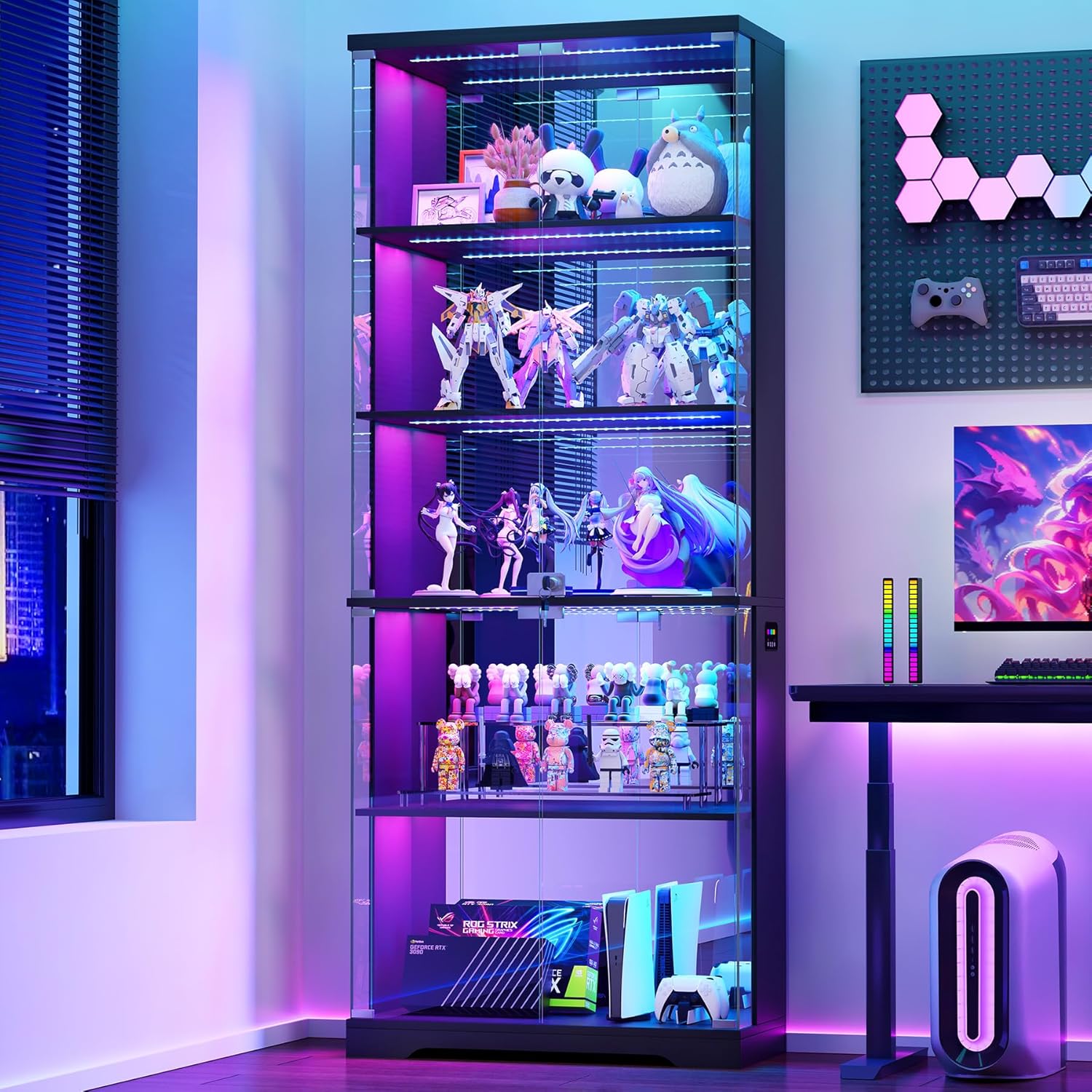 Dystler Glass Display Cabinet with Doors, 69 Tall RGB LED Curio Cabinet with 5-Tier Wooden Shelves for Collectibles, Lockable Display Case for Living Room (1, Black)