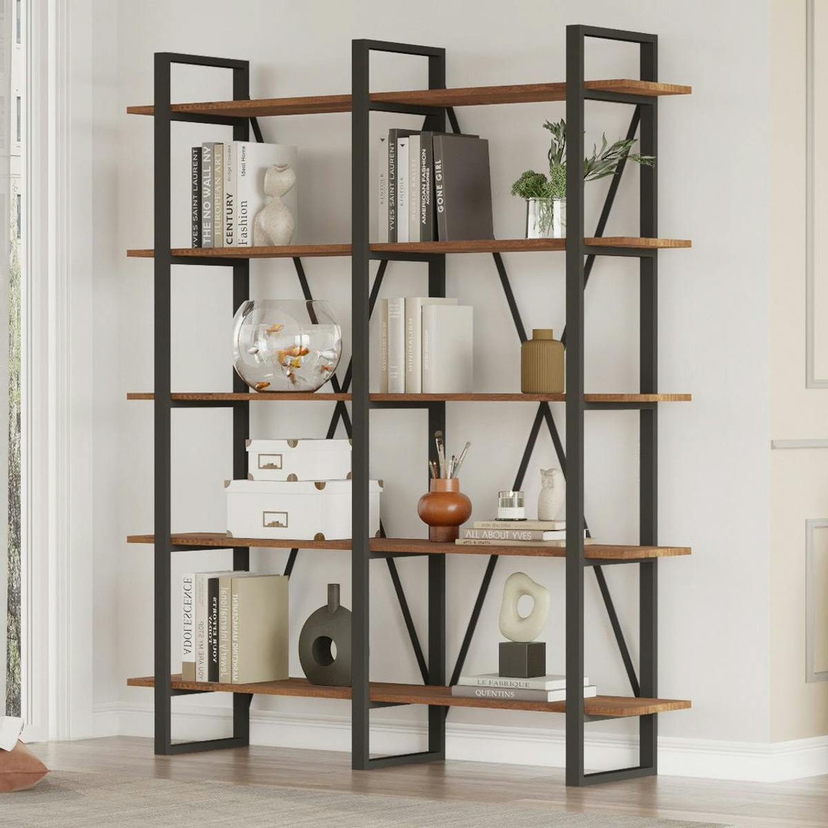 Bibliothèque industrielle effet bois foncé, dos croisé JENA