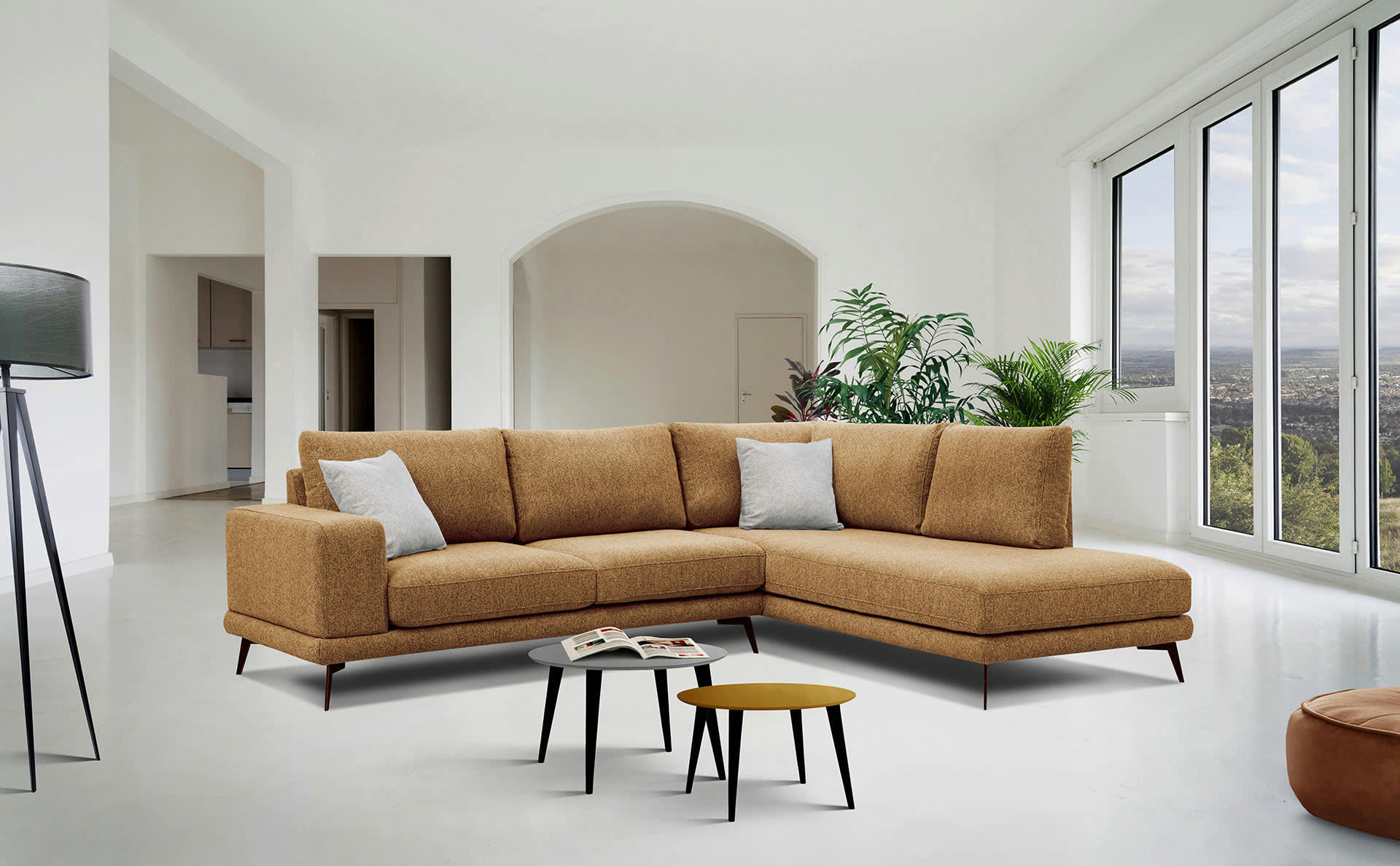 MEDIOLANE - Canapé d'angle droit 5 places tissu orange