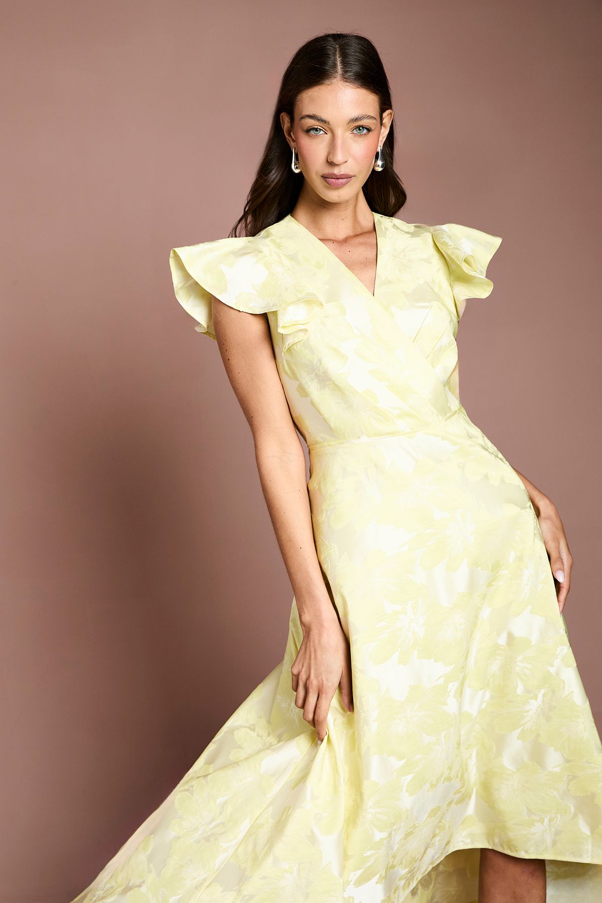 Coast Jacquard Frill Sleeve Wrap High Low Midi Dress
