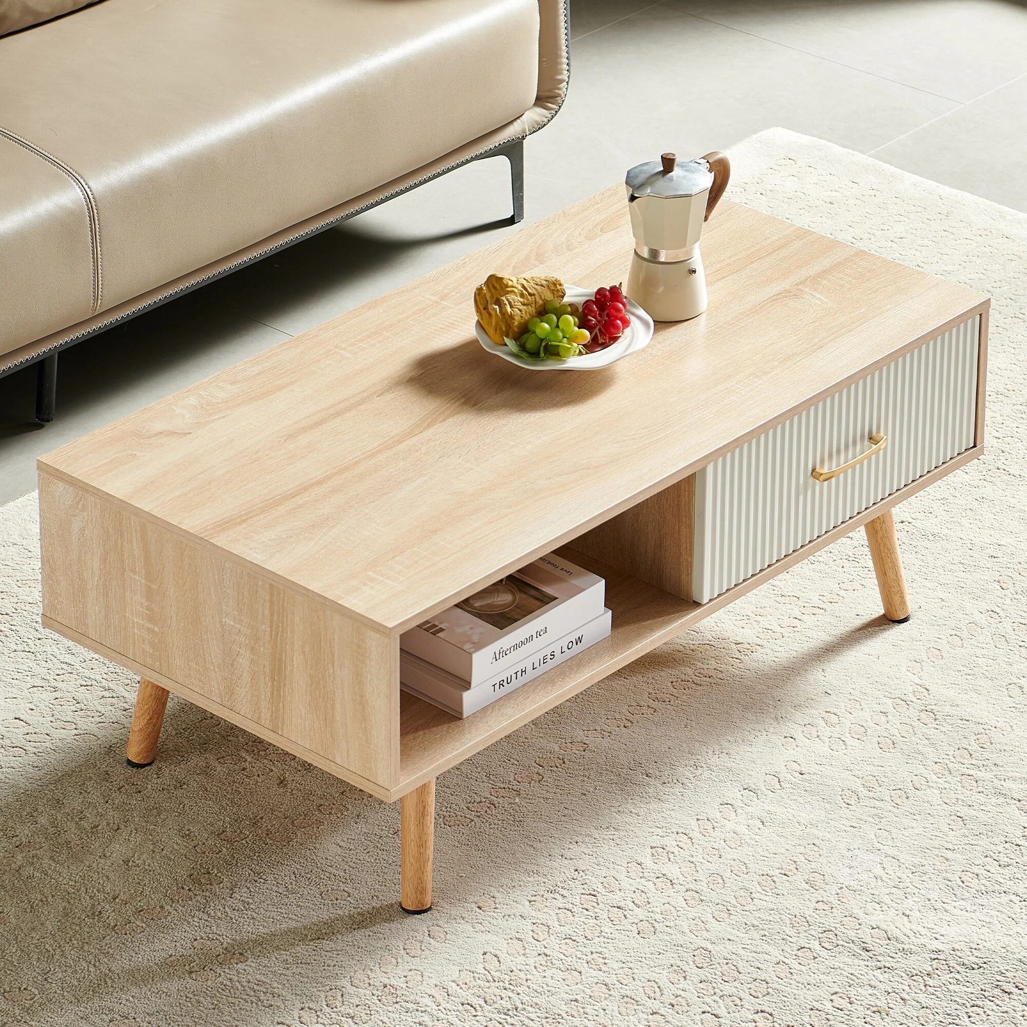 Rectangle Coffee Table with Solid Wood Legs, Sliding Drawer for Storage, Modern Table for Living Room