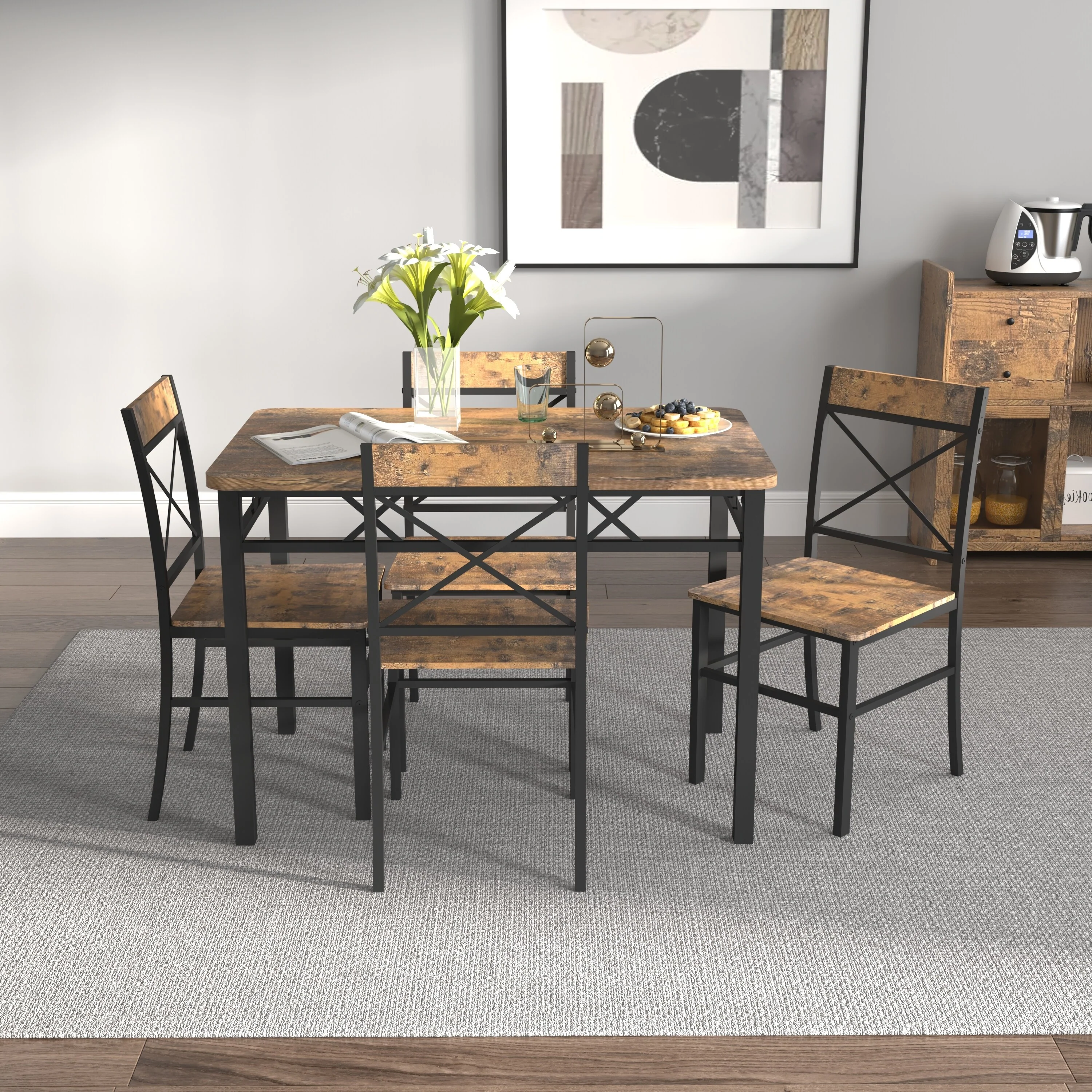 Dining Table Set for 4, Wood Kitchen Table with Chairs Dinning Table Set for Kitchen & Dining Room