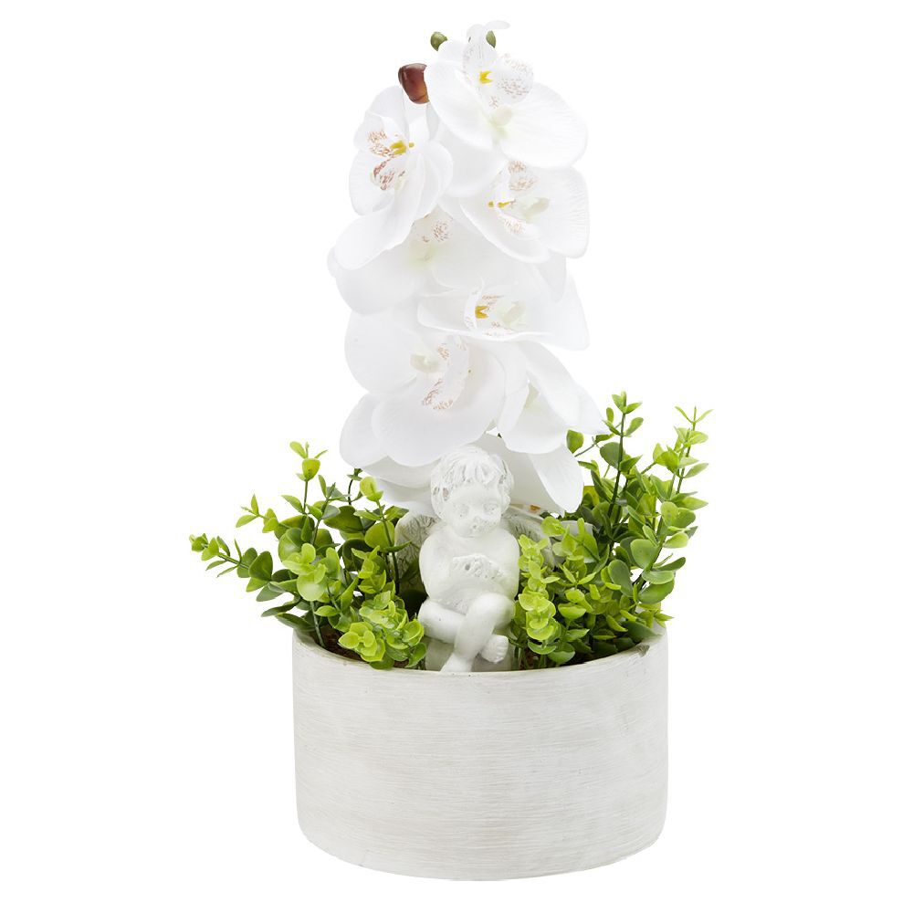 Fleur artificielle orchidée dans pot en ciment H40 cm blanc