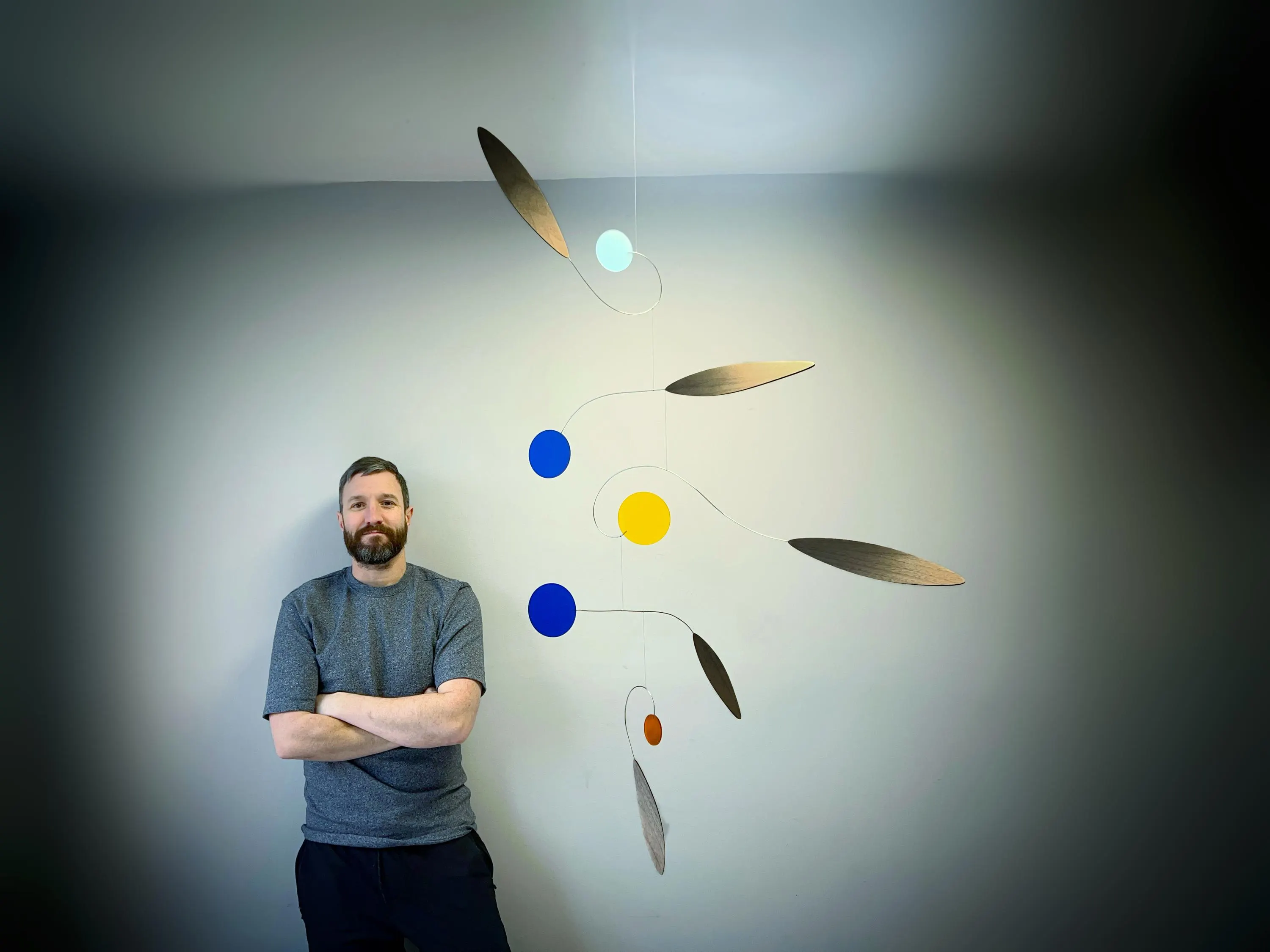 RISE - Large Mobile Kinetic Sculpture, Hanging Mid Century Walnut Leaf & Acrylic Circles