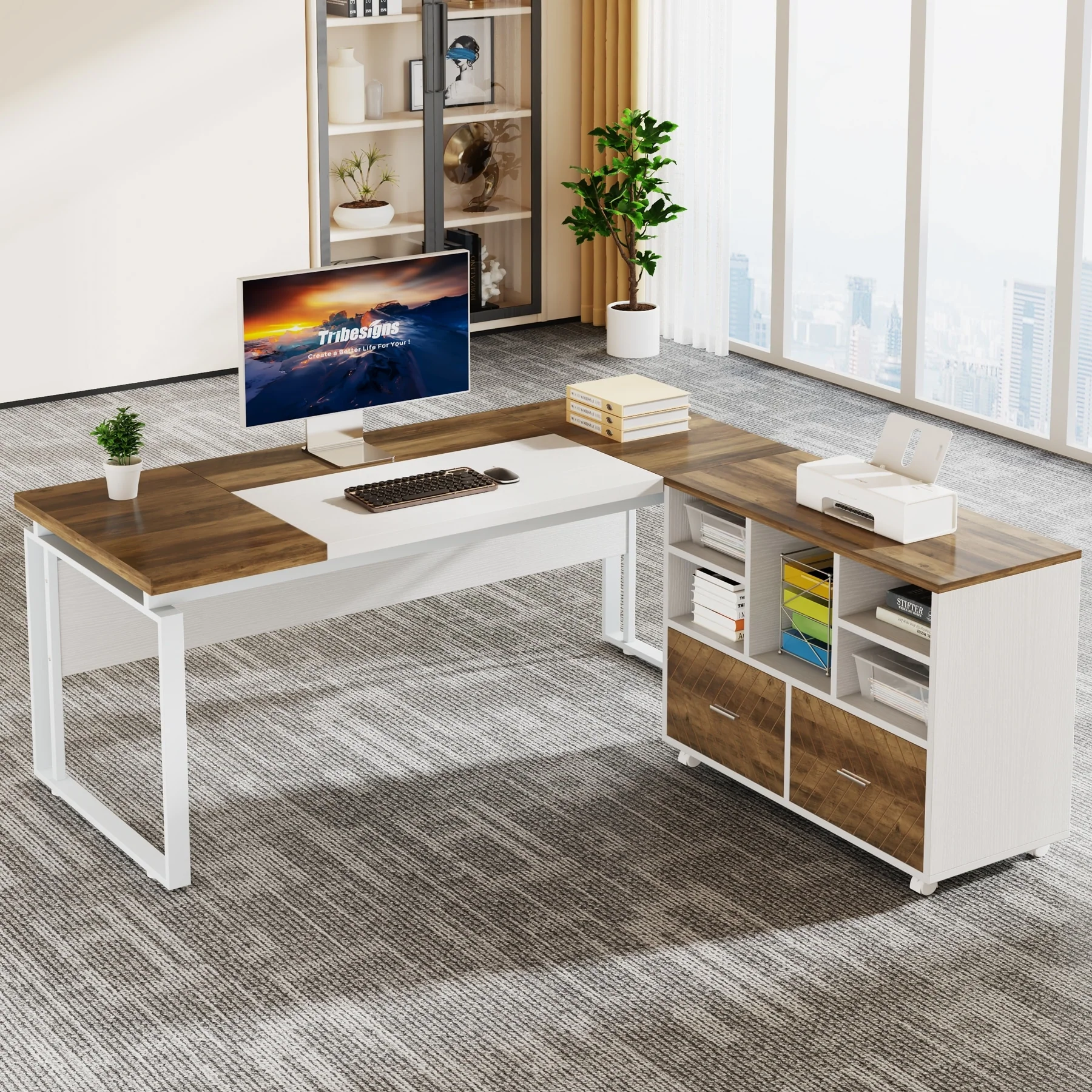 63 L-Shaped Corner Executive Computer Desk and Rolling File Cabinet Set for Home Office