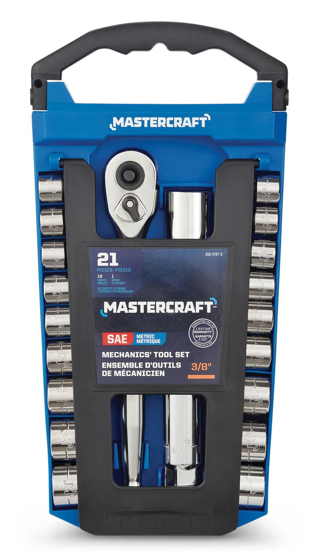 Mastercraft Socket Set, 3/8-in Drive, SAE/Metric, CRV, Nickel-Chrome Plating, 21-pc