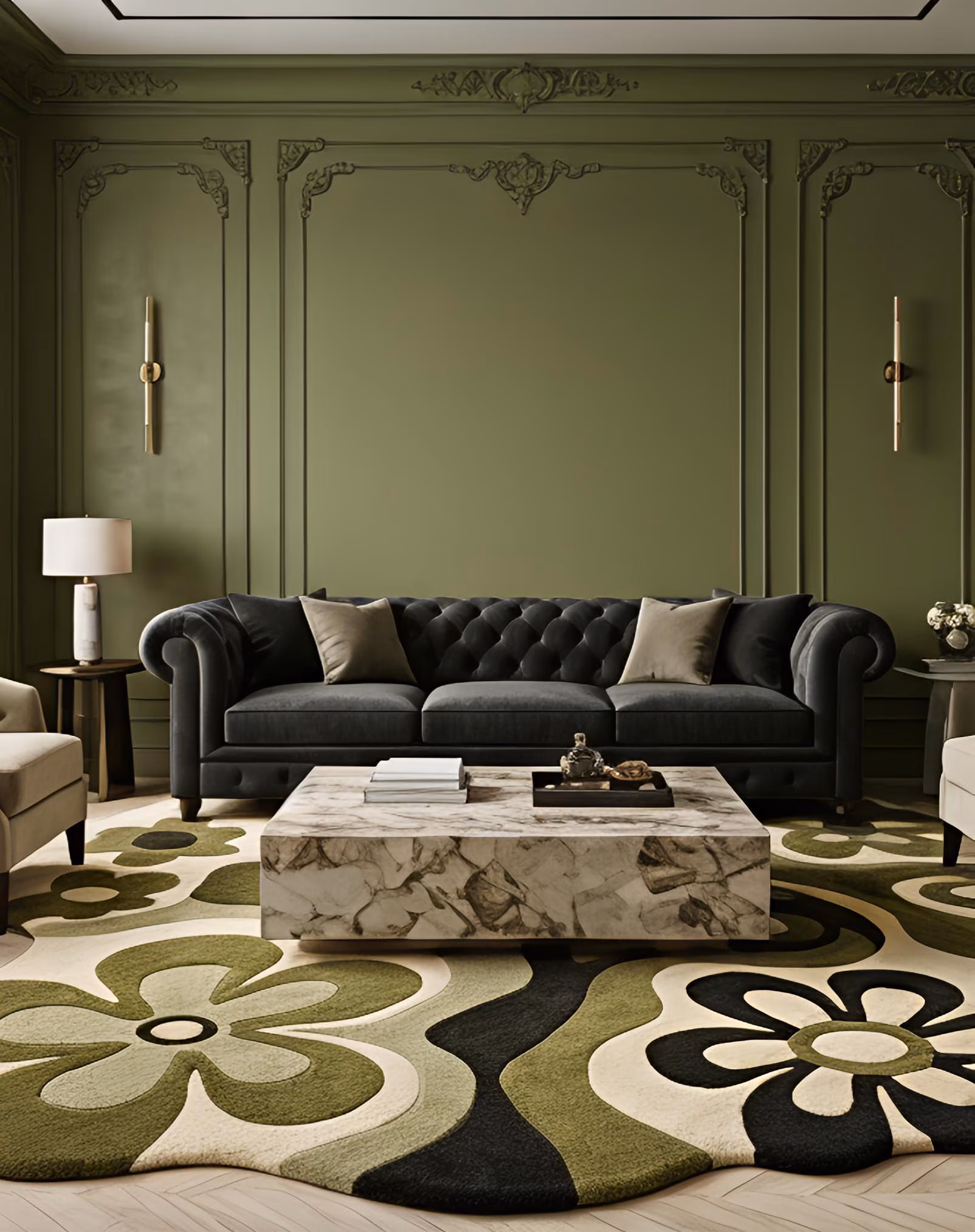 Hand Tufted Floral Wool Rug Green Cream Modern Area Rug Custom Size Decor