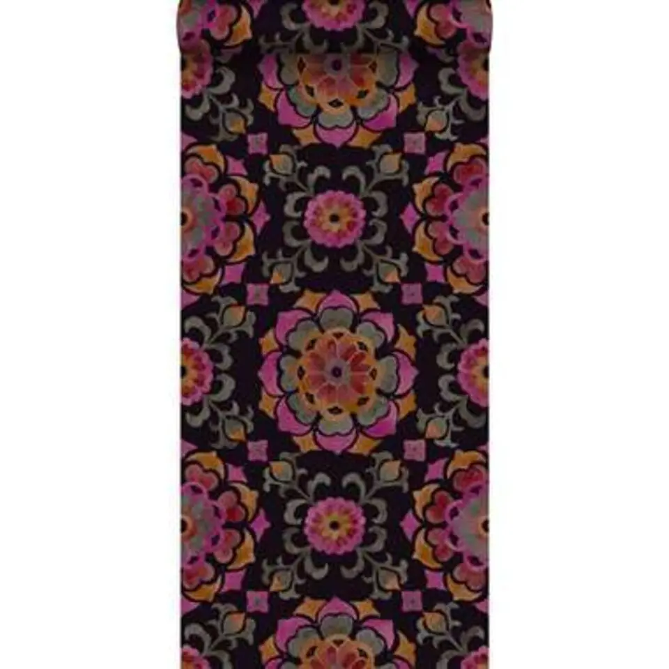 Origin behang - suzani bloemen - zwart, oranje en roze - 53 cm x 10,05