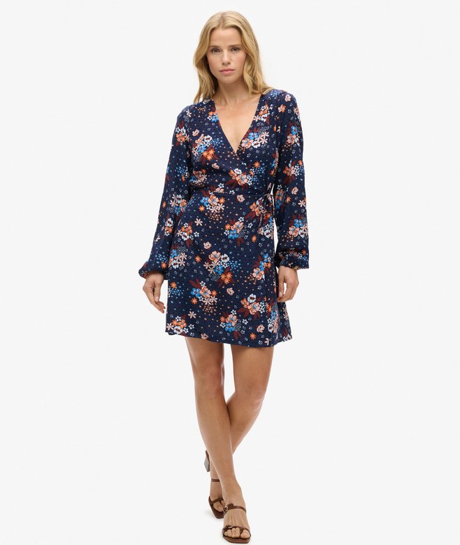 Long Sleeve V Neck Mini Wrap Dress