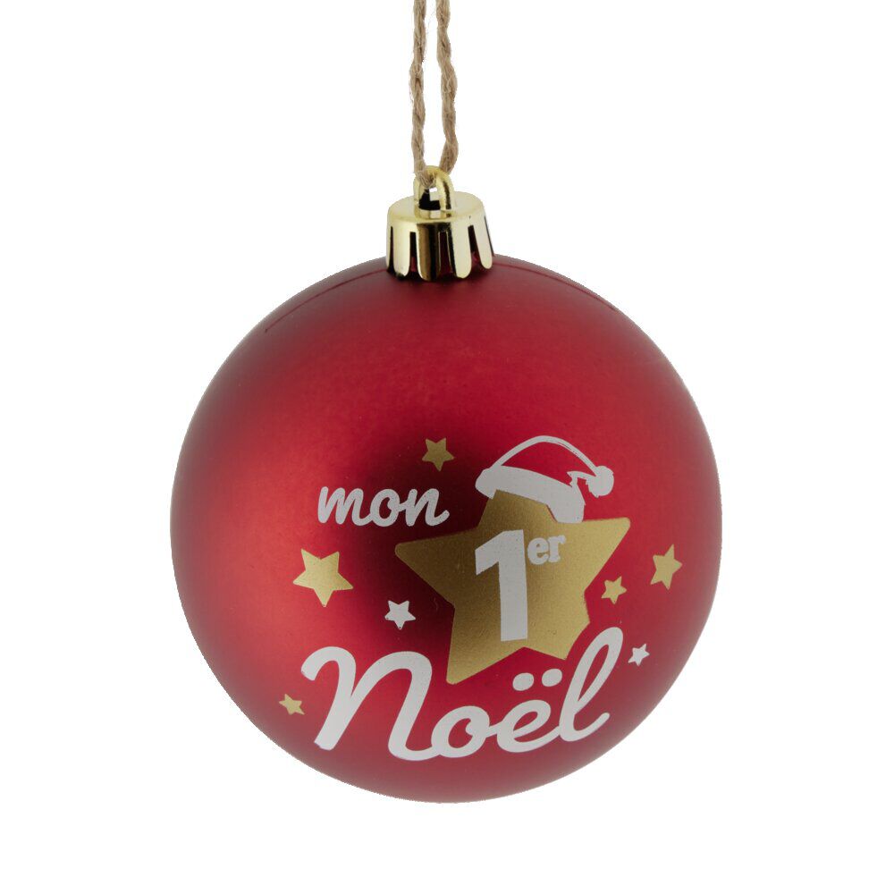 Boule de No&euml;l "Mon 1er No&euml;l" rouge ou blanche Ø8cm - 2 coloris